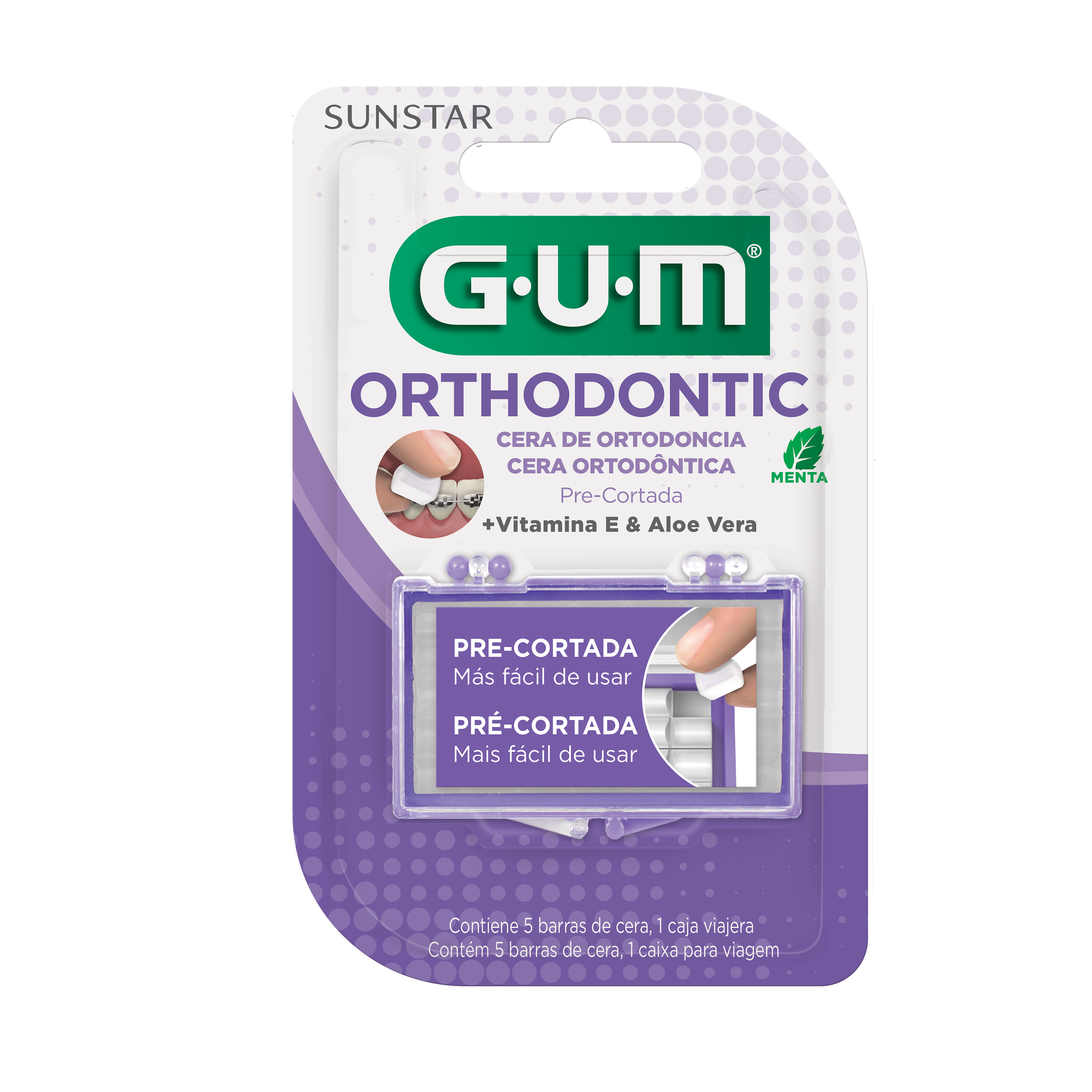 GUM Ortho Wax - Cera para Ortodoncia incolora, sabor menta +Vit. E y Aloe Vera - Estuche x5 barras.