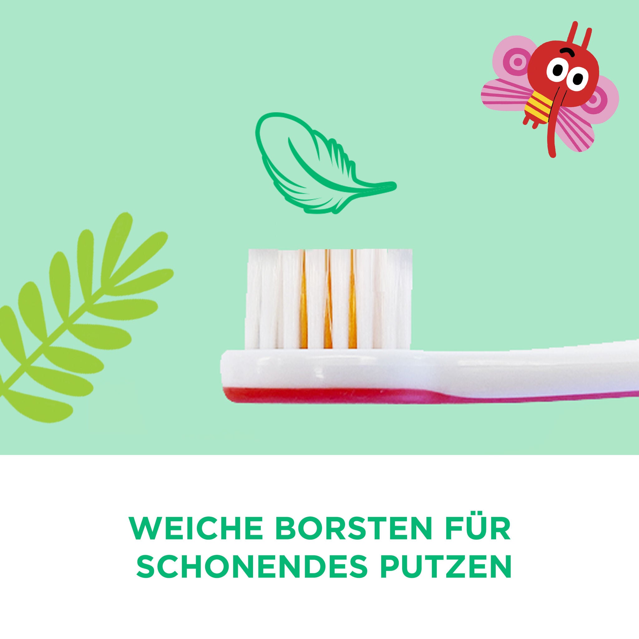 GUM BABY Zahnbürste zur Seite gelegt und eine illustrierte Feder auf den Borsten