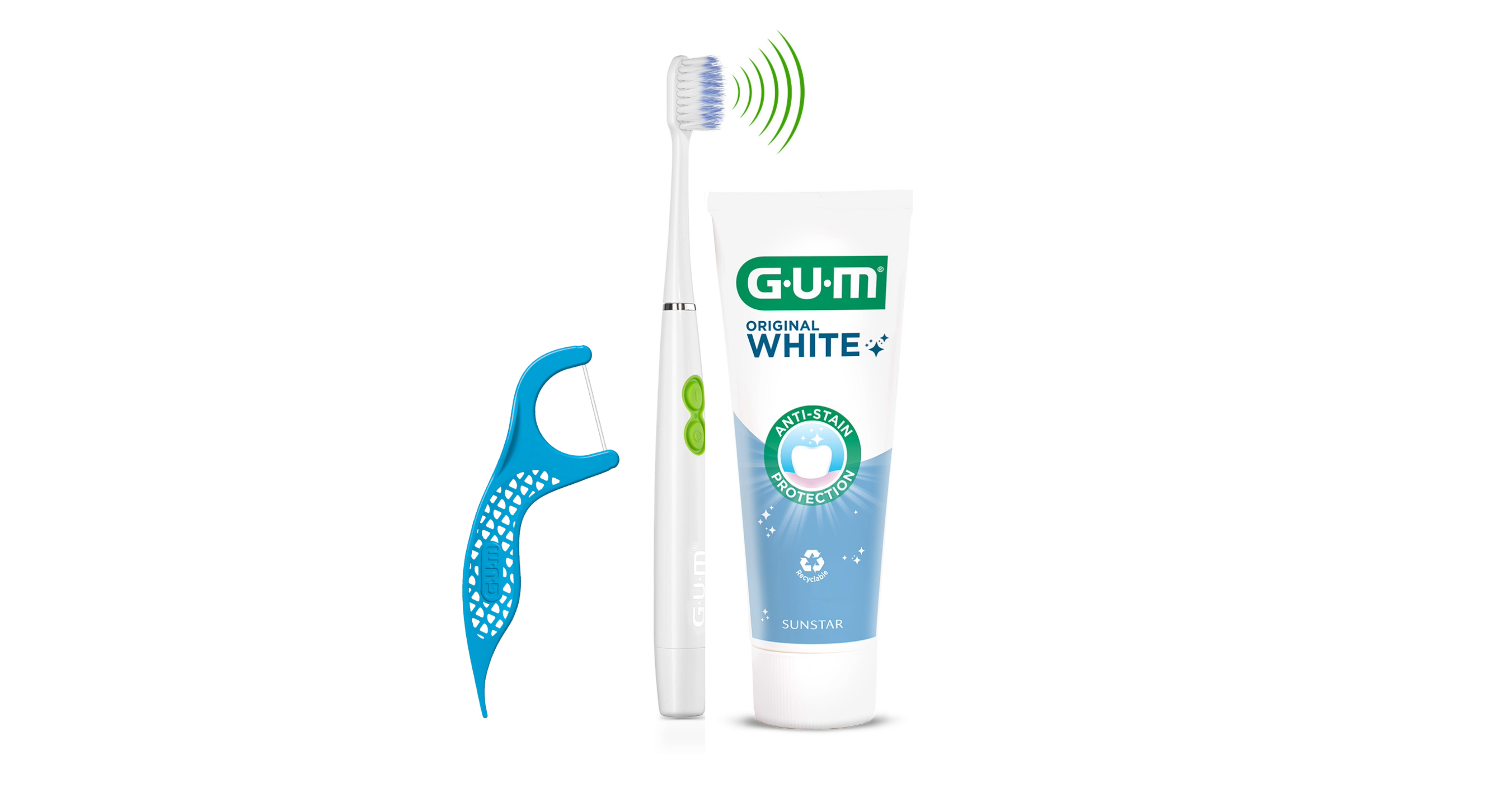 GUM Original White tandkräm, GUM SONIC DAILY Eltandborste och GUM EASY FLossers tandtrådsbygel