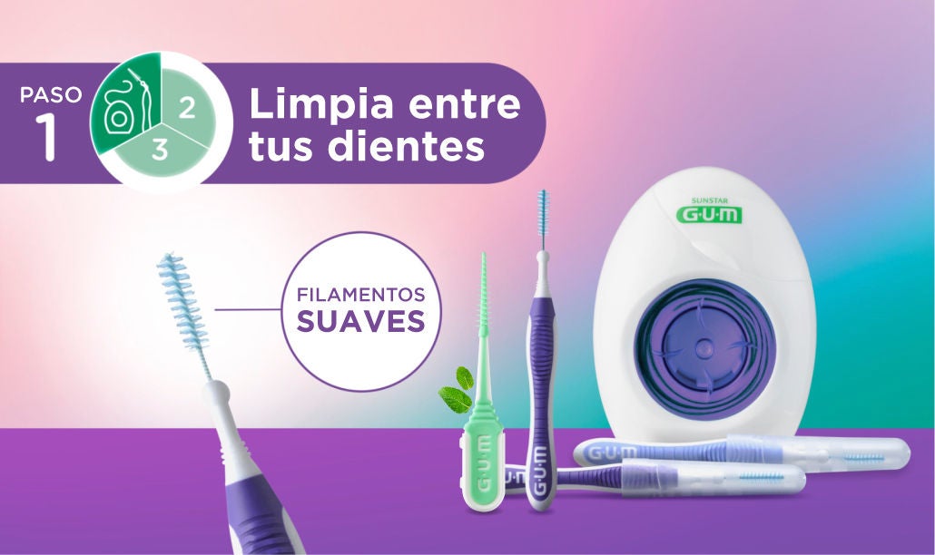 Hilo dental GUM® ORTHO, cepillos interdentales GUM® TRAV-LER con un icono que muestra los 3 pasos 
