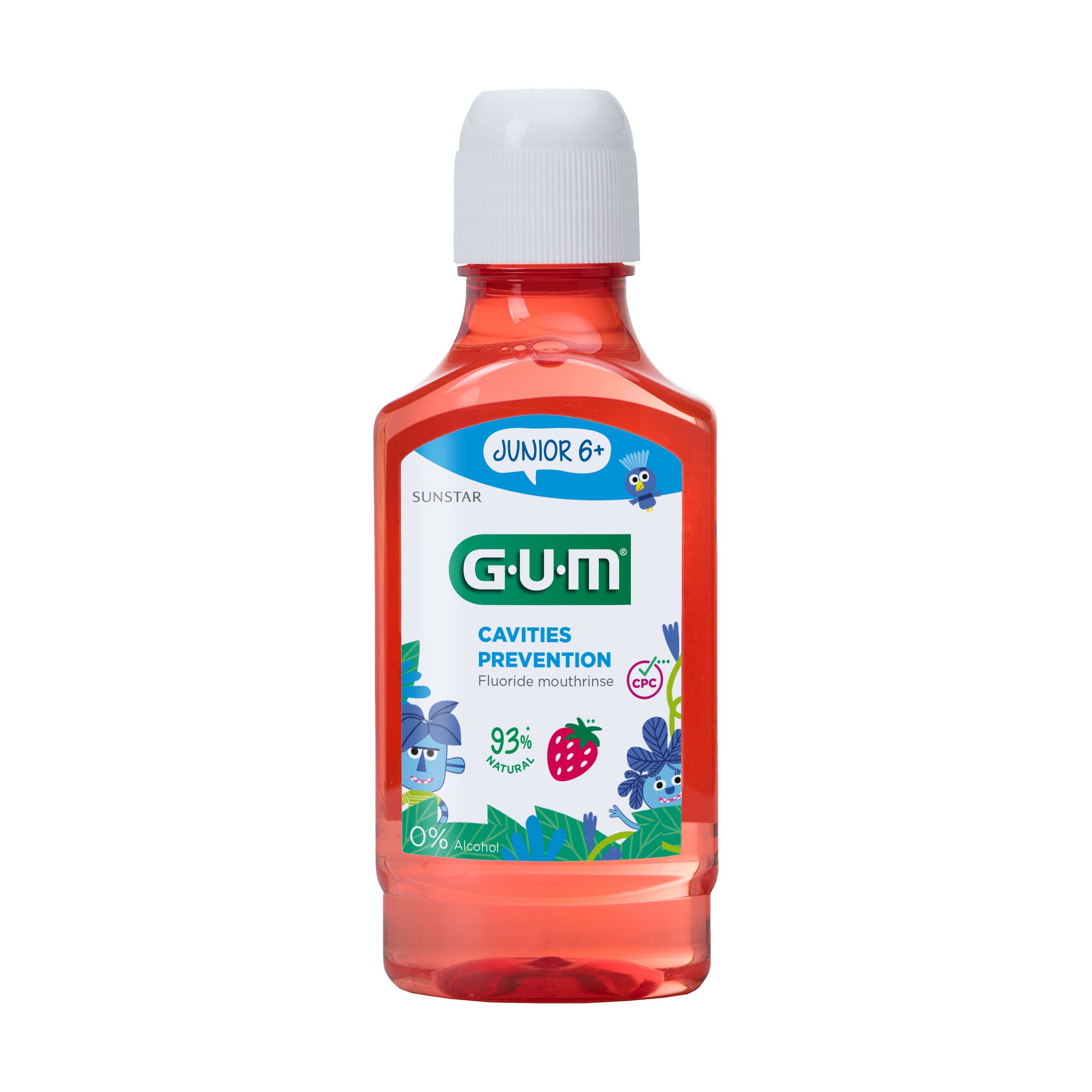A 3000x3000 image of a red GUM mouthwash bottle, 300ml, for ages 6+, labeled in English and French, with cartoon characters and fruit graphics.
