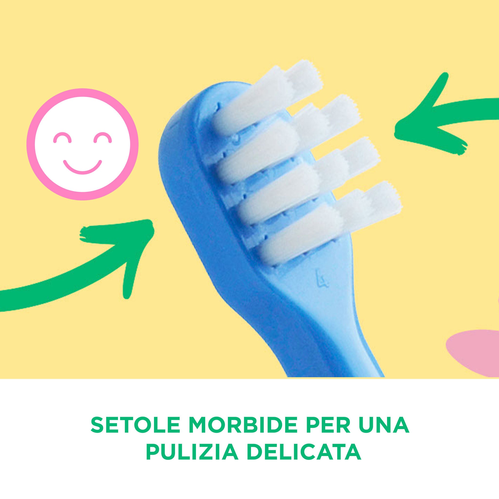 GUM BABY Spazzolino da denti con frecce che puntano verso la testina dello spazzolino e le setole