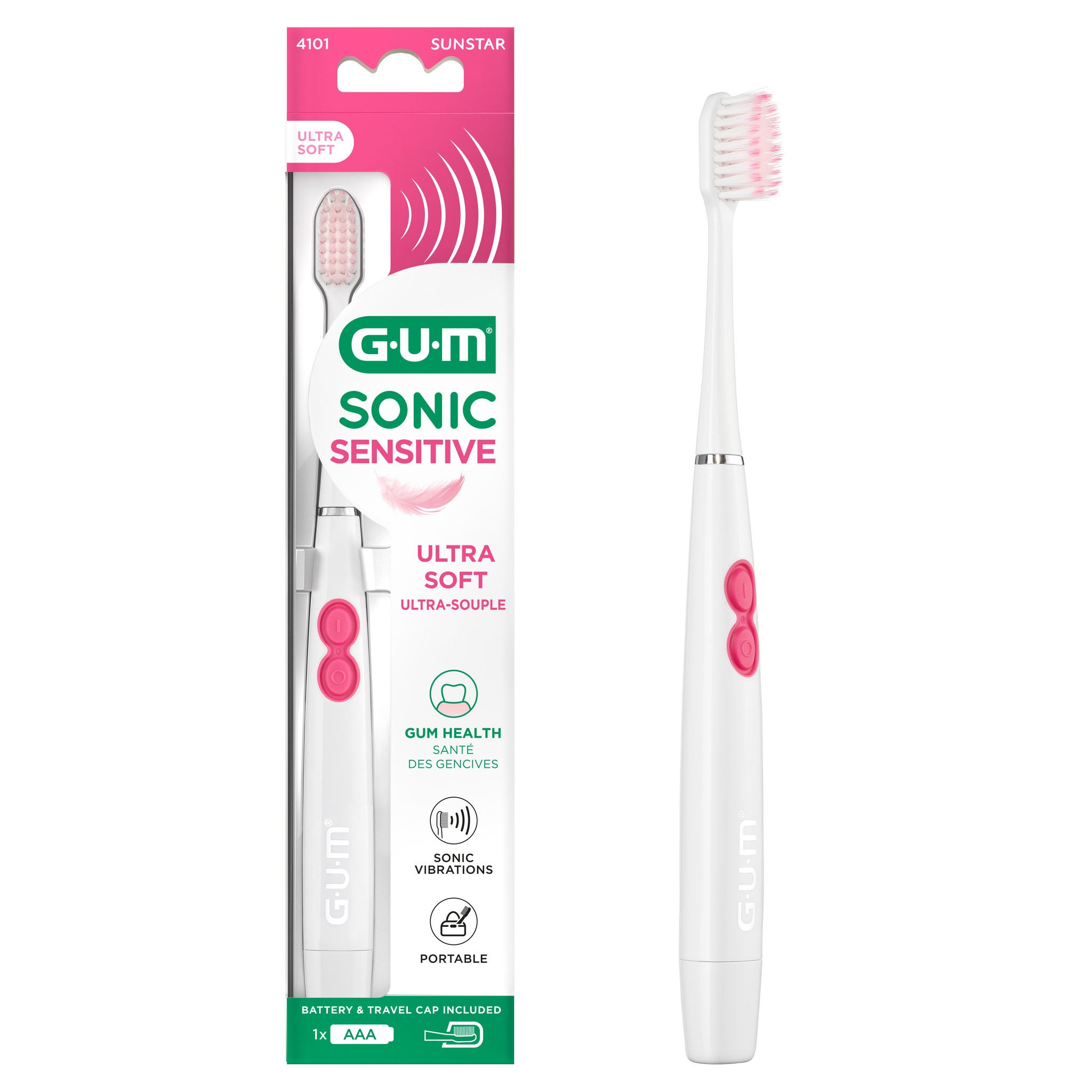 Image resolution: 2000x2000. Packaging languages: English, French. Product: GUM Sonic Sensitive toothbrush, ultra soft, 1 count, white with pink accents.