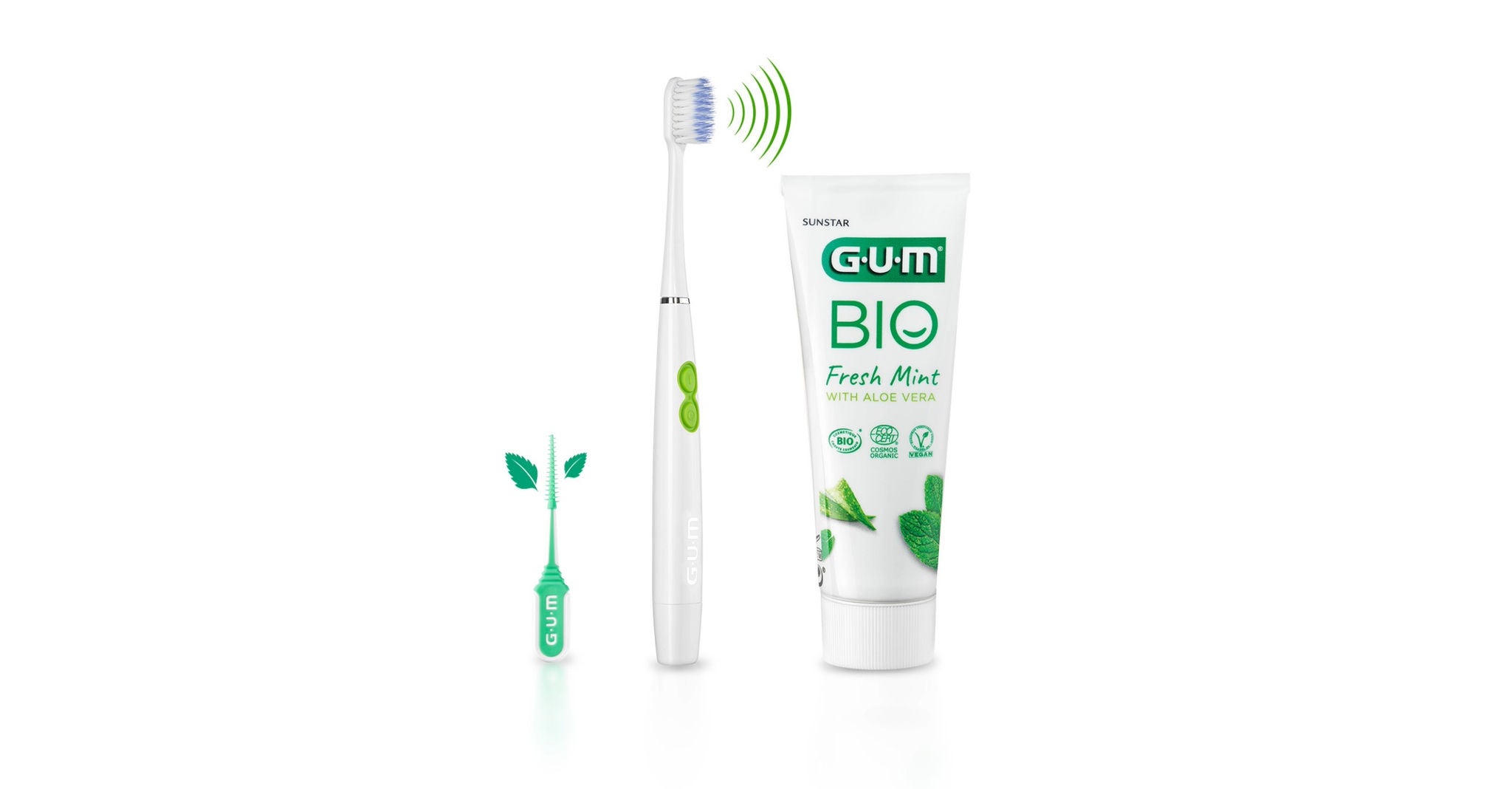 GUM SOFT-PICKS ORIGINAL mellanrumsborste, GUM SONIC Daily batteritandborste, GUM BIO tandkräm och GUM BIO Munskölj