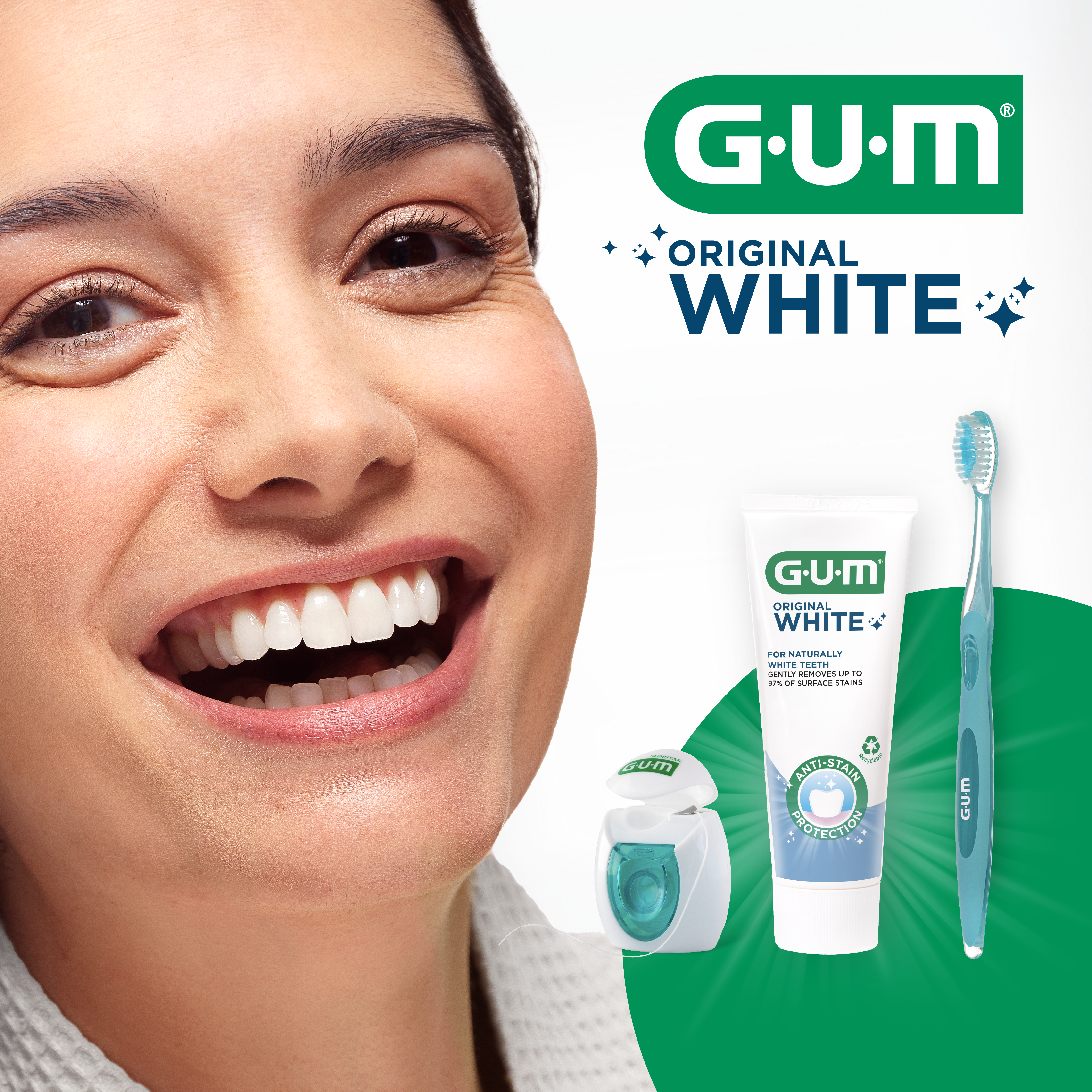 Smiling woman and GUM ORIGINAL WHITE range