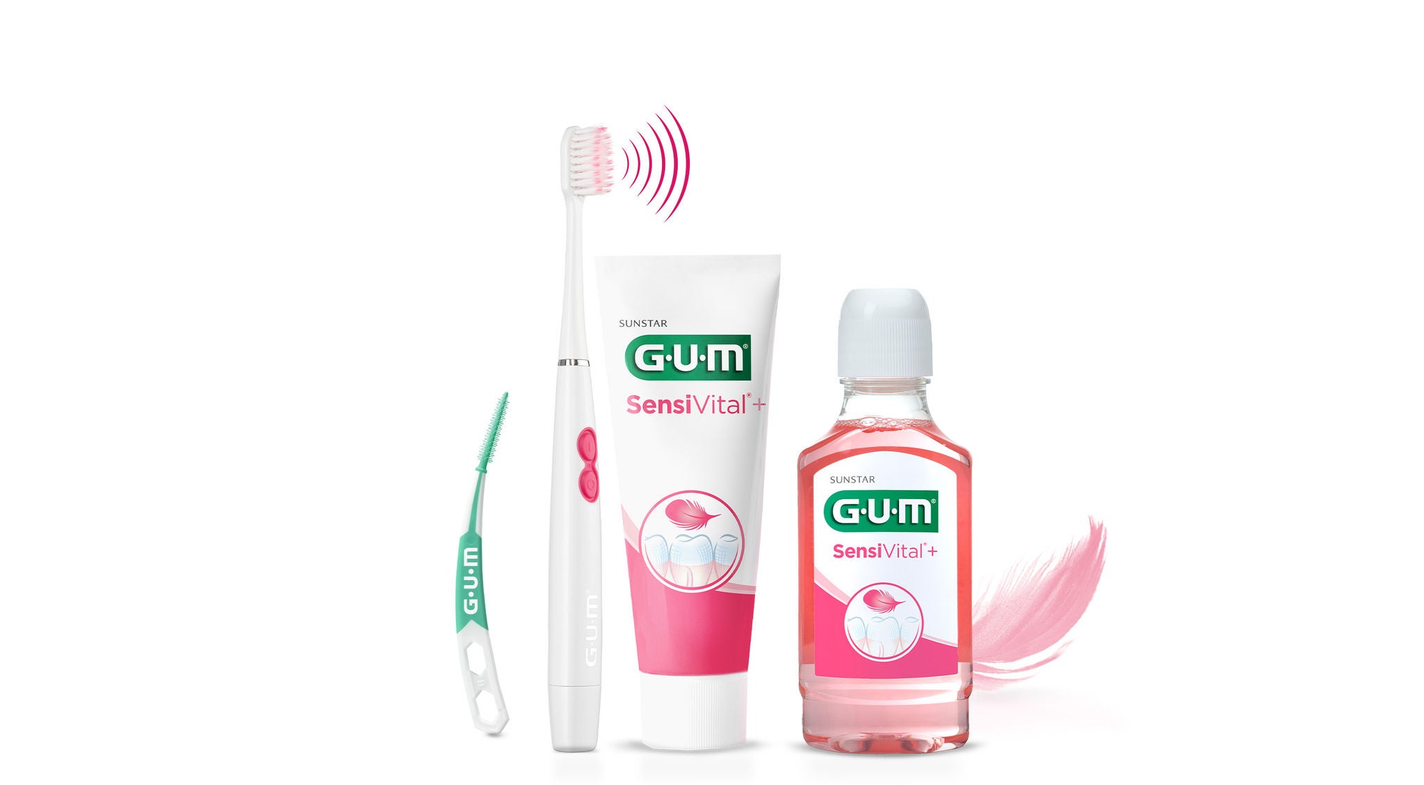 GUM SOFT-PICKS PRO interdental brush, GUM SONIC SENSITIVE Battery Toothrbrush and GUM SensiVital Toothpaste, GUM SensiVital Mouthwash