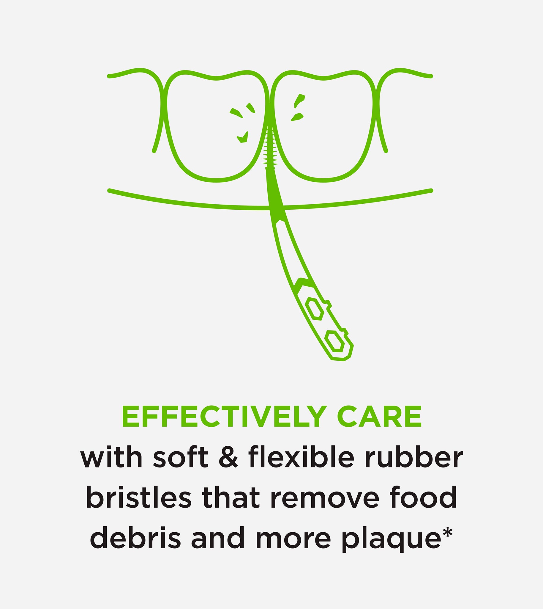 Effectively care with soft and flexible rubber bristles that remove food debris and more plaque.