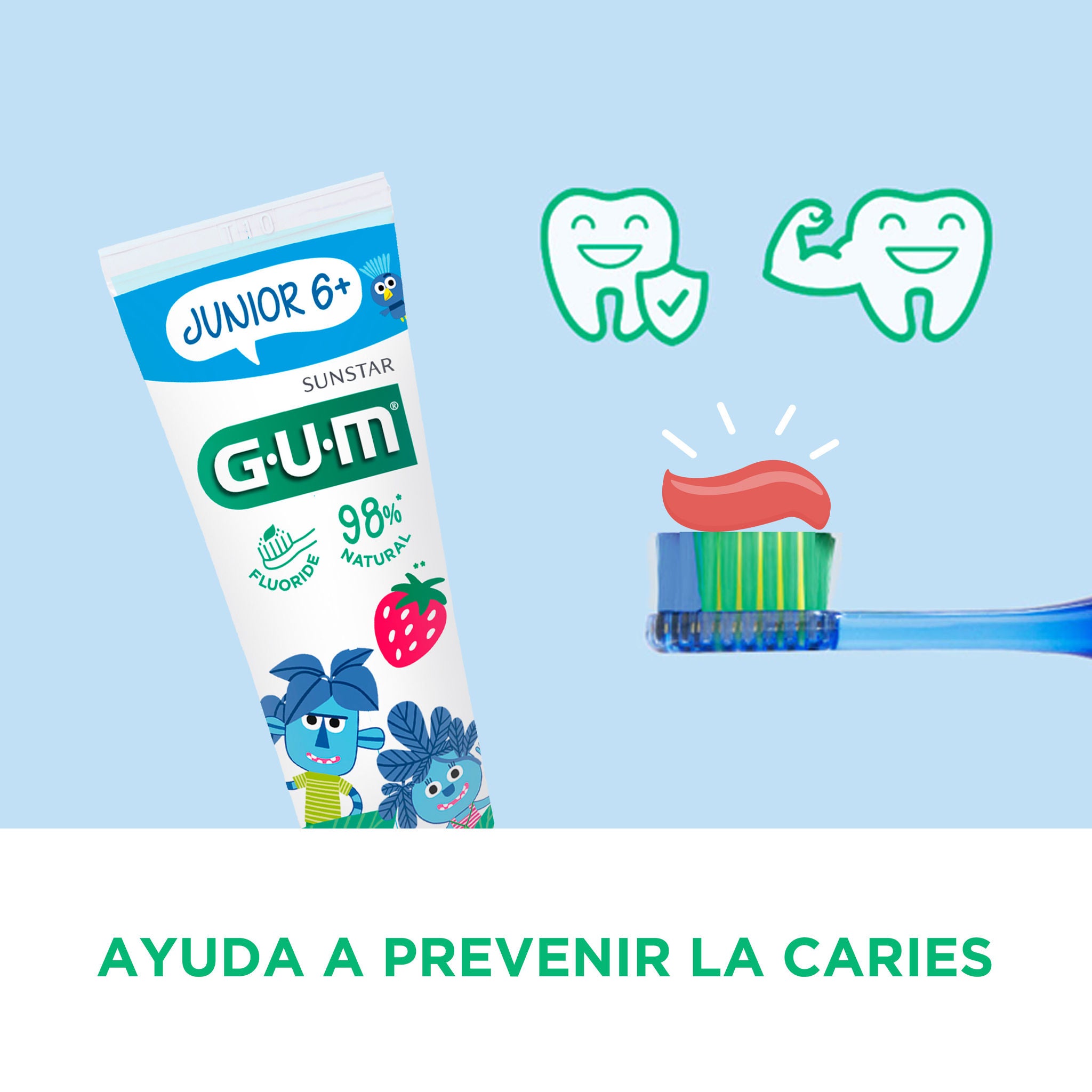 GUM JUNIOR Pasta de dientes con cantidad de pasta de dientes añadida en el cepillo de dientes
