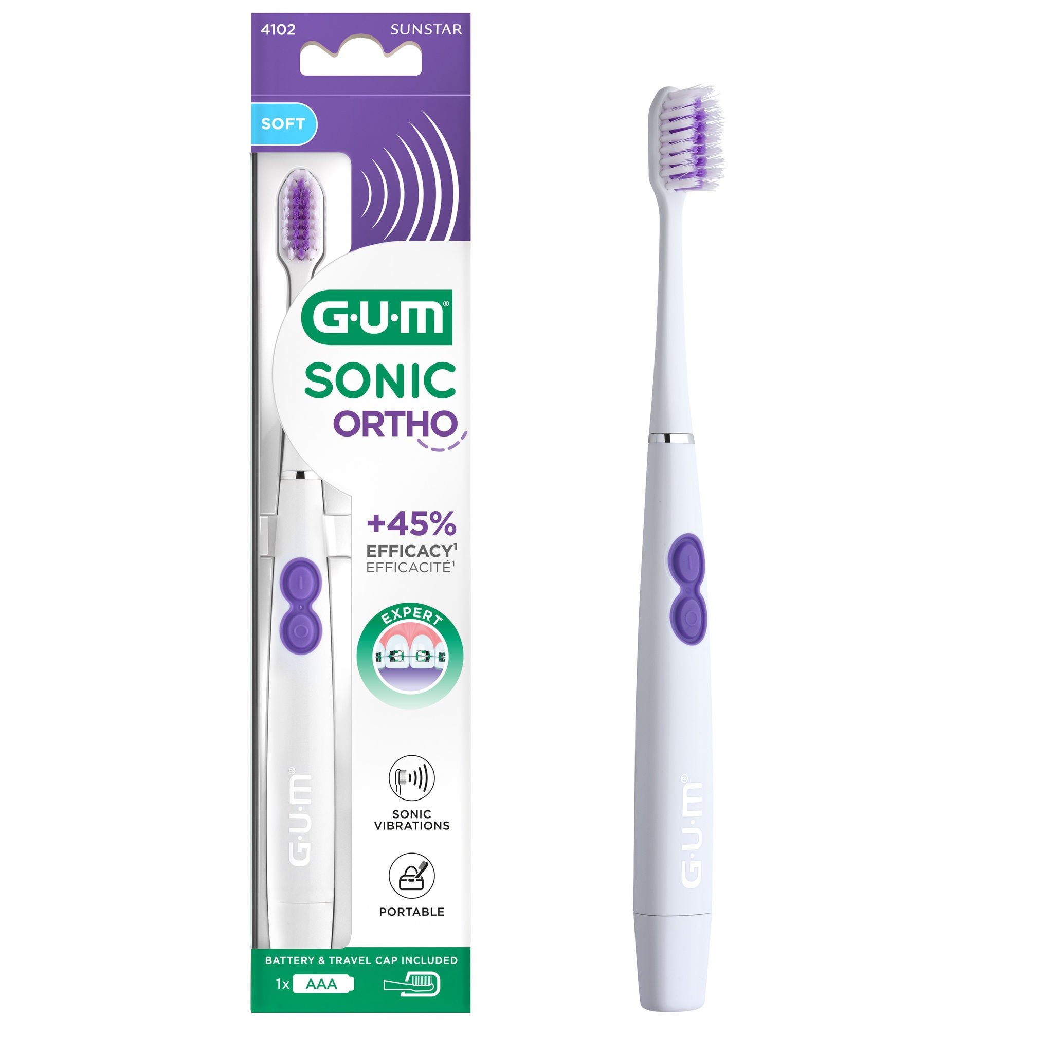 Cepillo de dientes sónico GUM® SONIC ORTHO y su blíster