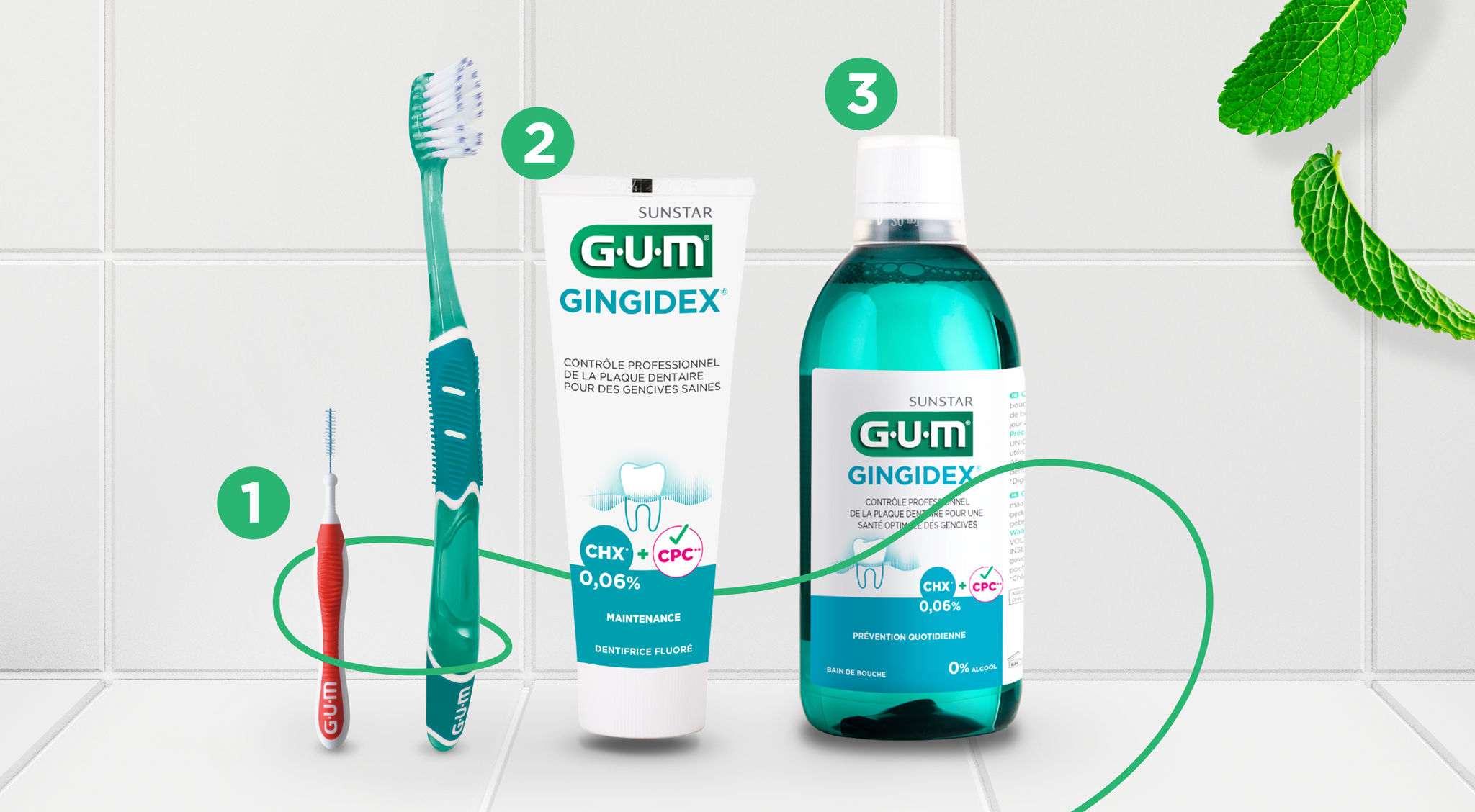 GUM TRAV-LER interdentale borstel, GUM PRO handtandenborstel, GUM PAROEX 0,06 Tandpasta, GUM PAROEX 0,06 Onderhoud mondspoeling