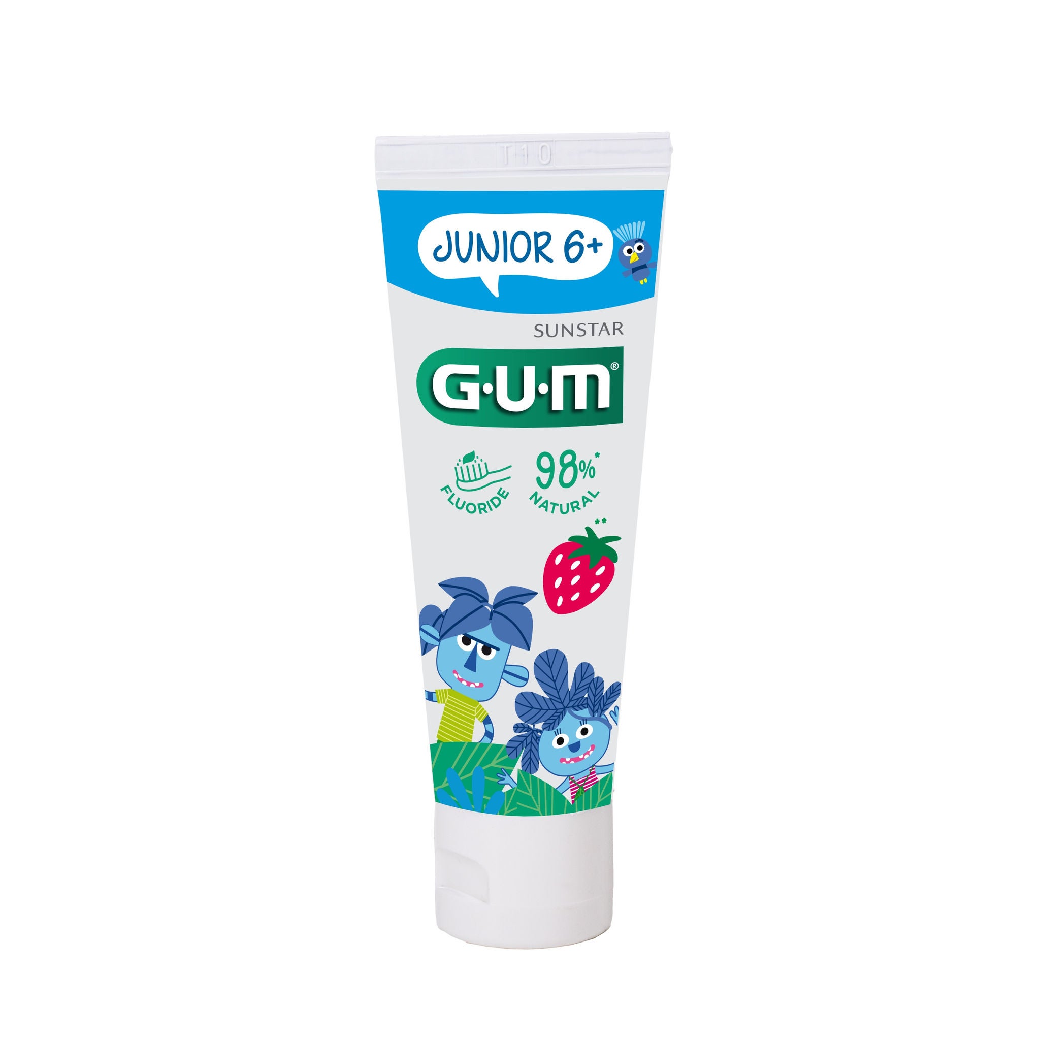 Toothpaste tube, 50ml, for ages 6+, labeled in English, white with blue cap, strawberry image, 98% natural, 600x600 resolution.