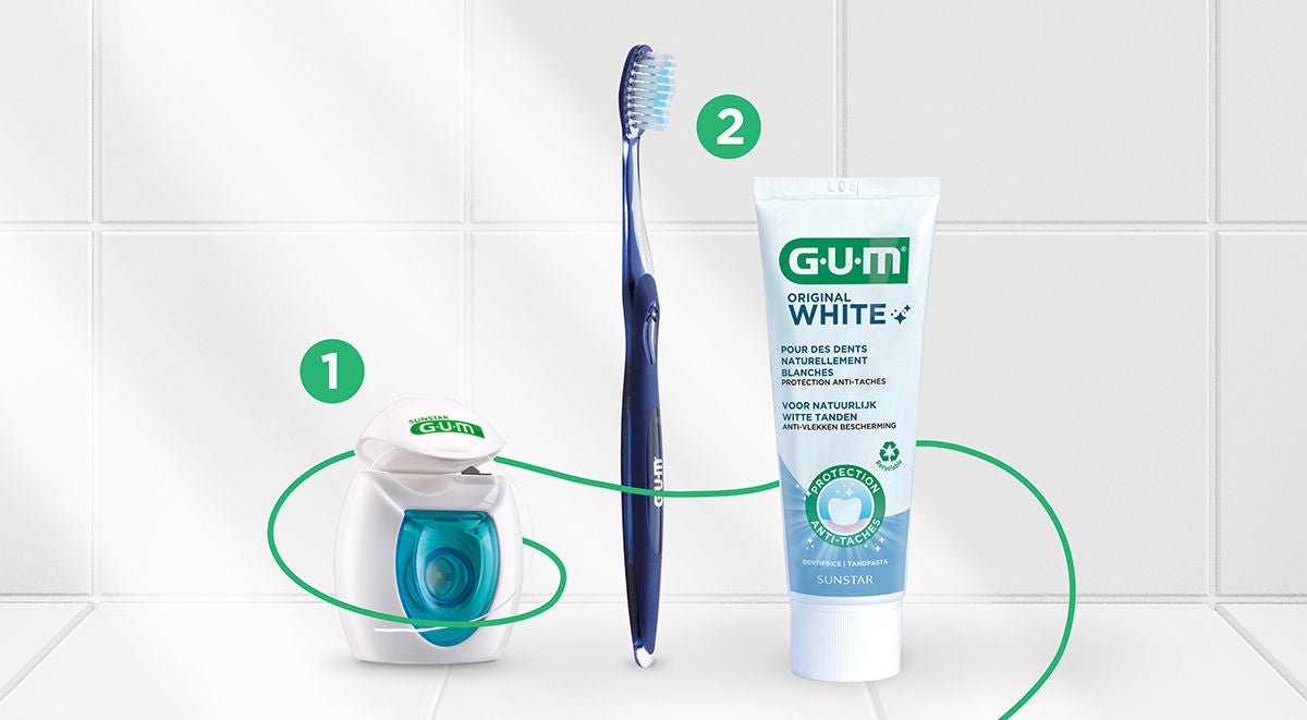Fil dentaire GUM Original White ; Dentifrice et brosse à dents GUM Original White. 