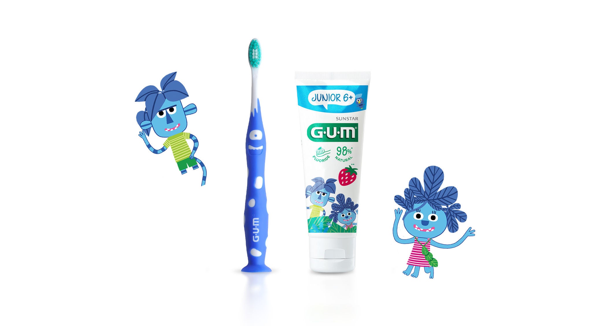 GUM JUNIOR Tandborste, GUM JUNIOR Tandkräm 6+ och GUM JUNIOR Munskölj 
