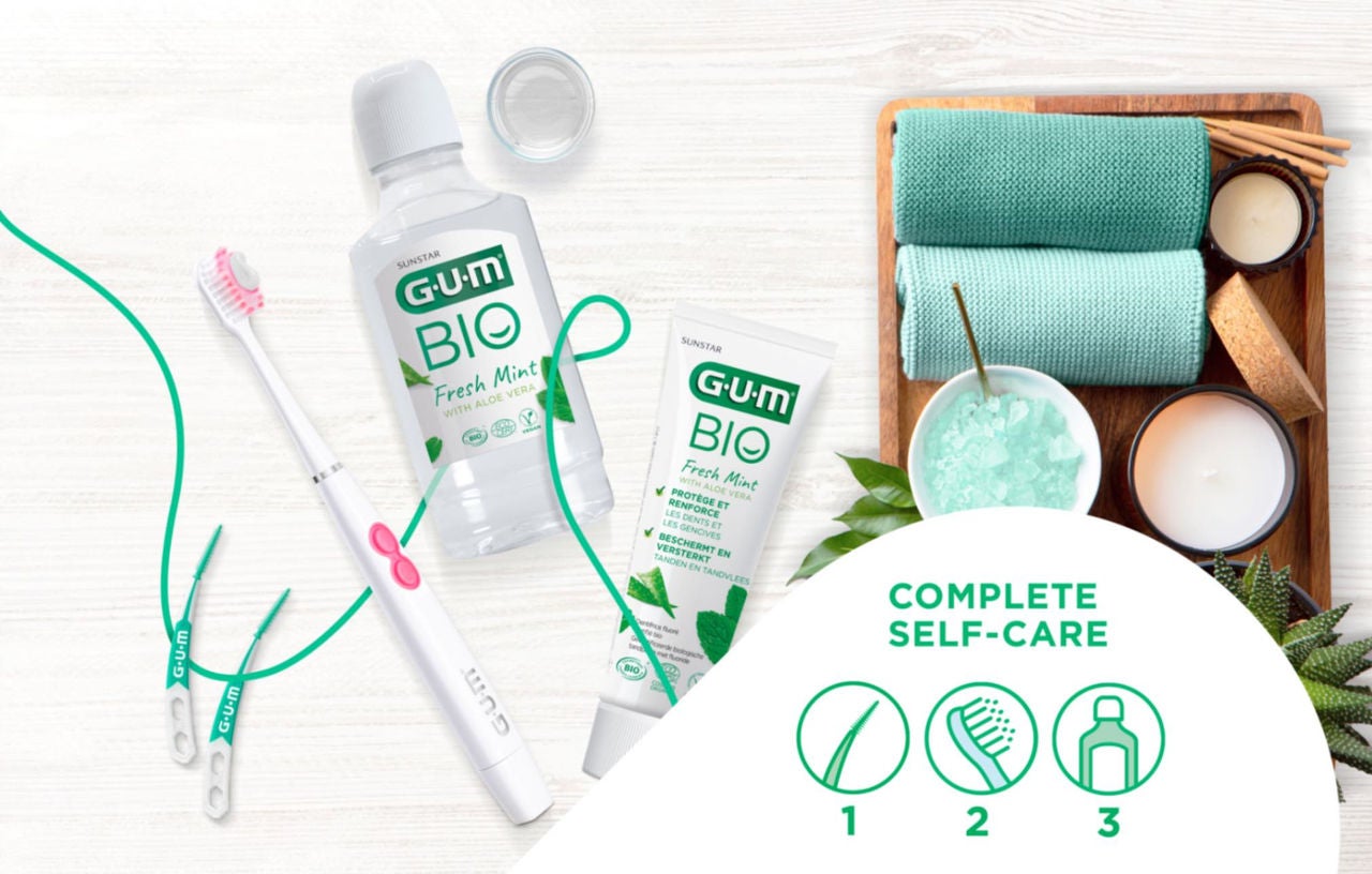 Complete self-care with the 3 steps of oral care rituals: interdental cleaning with the new GUM SOFT-PICKS PRO, toothbrushing with the GUM SONIC SENSITIVE and mouthwashing with the GUM BIO.