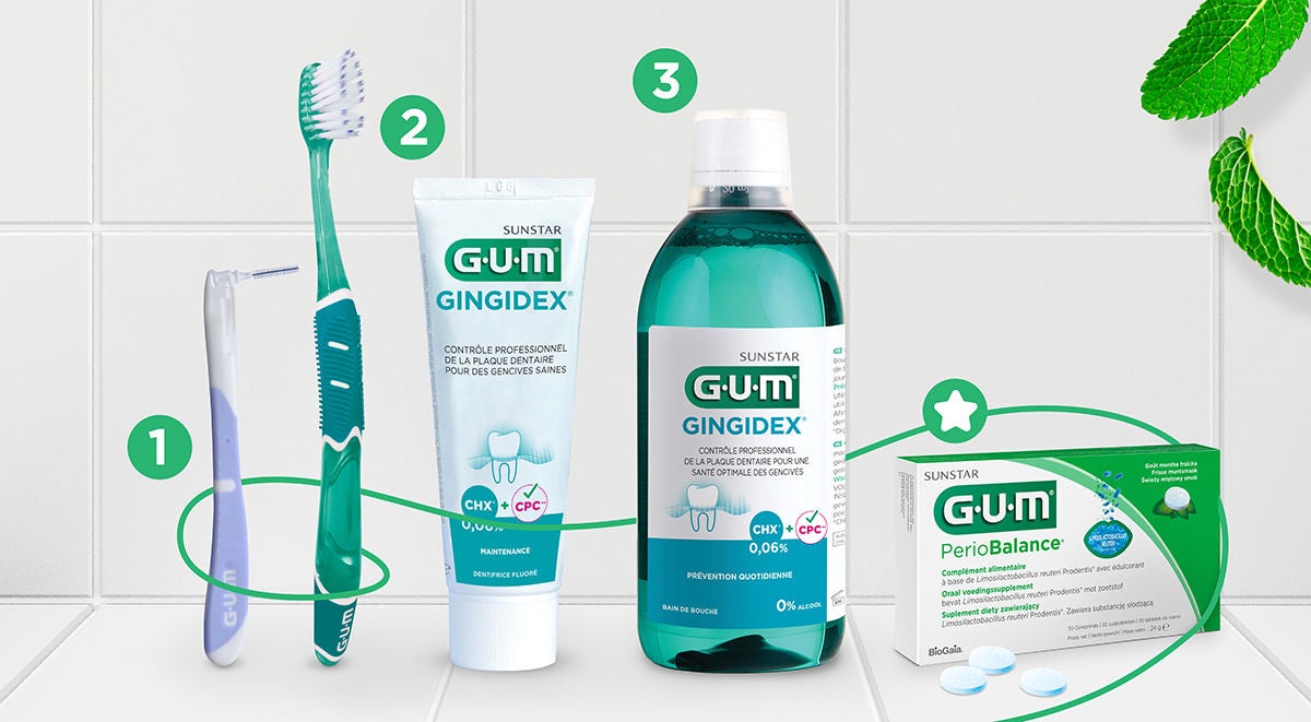 Brosse interdentaire GUM-LER, Brosse à dents manuelle GUM PRO, GUM GINGIDEX 0,06 Dentifrice, GUM GINGIDEX 0,06 Rince-bouche d’entretien