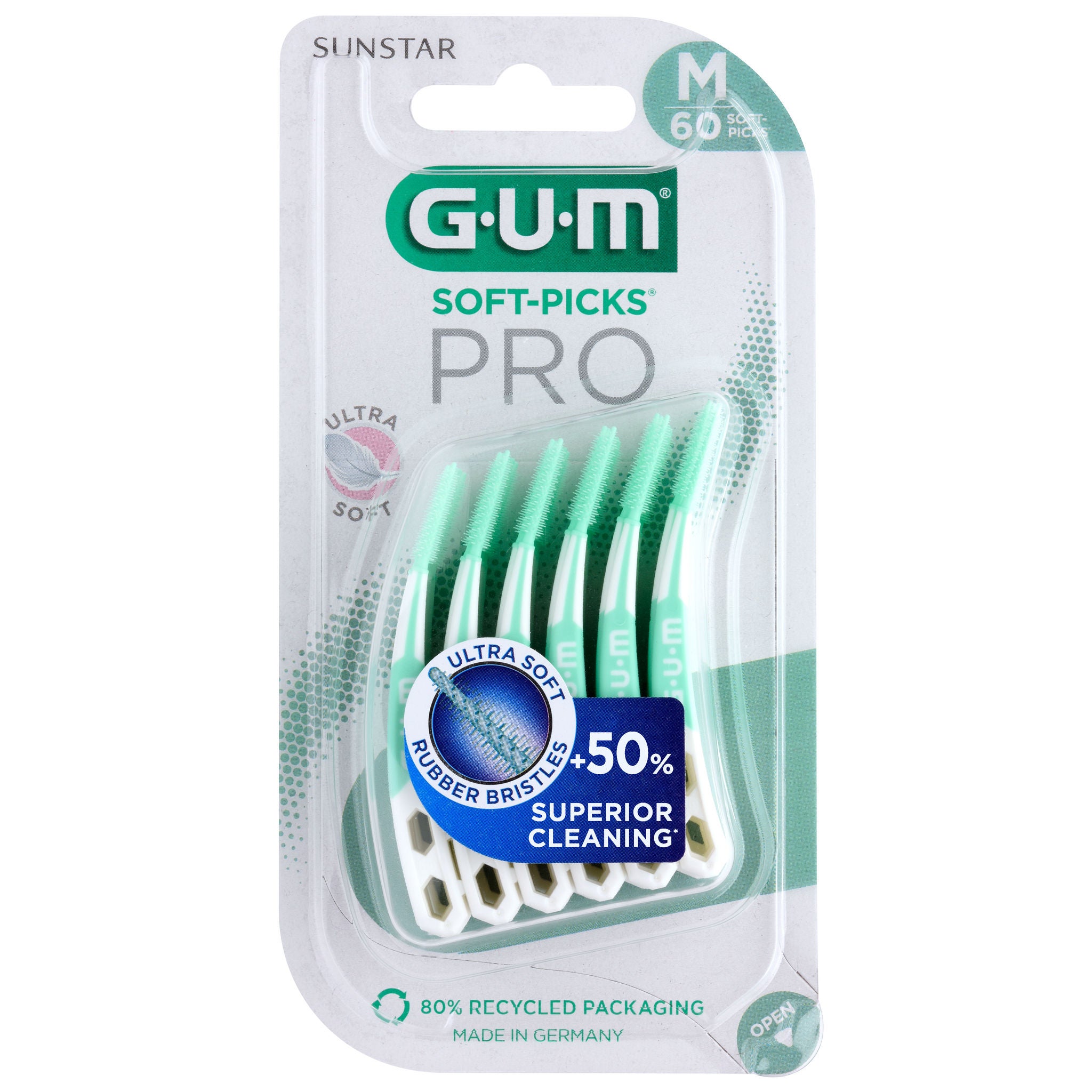 GUM Soft-Picks Pro, 60 pack, medium size, green tips, English/German text, 80% recycled packaging, 1000x1000 resolution.