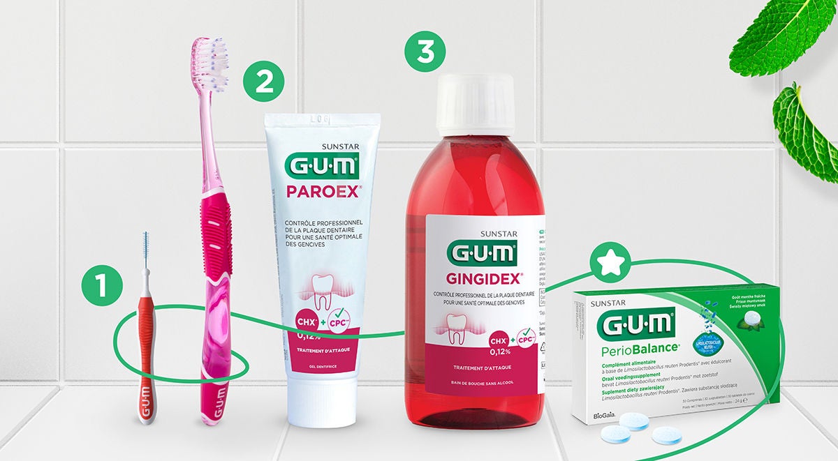 Brosse interdentaire GUM BI-DIRECTION, Brosse à dents manuelle GUM PRO, Dentifrice GUM PAROEX 0,12, Rince-bouche avancé GUM PAROEX 0,12, Pastille GUM PerioBalance
