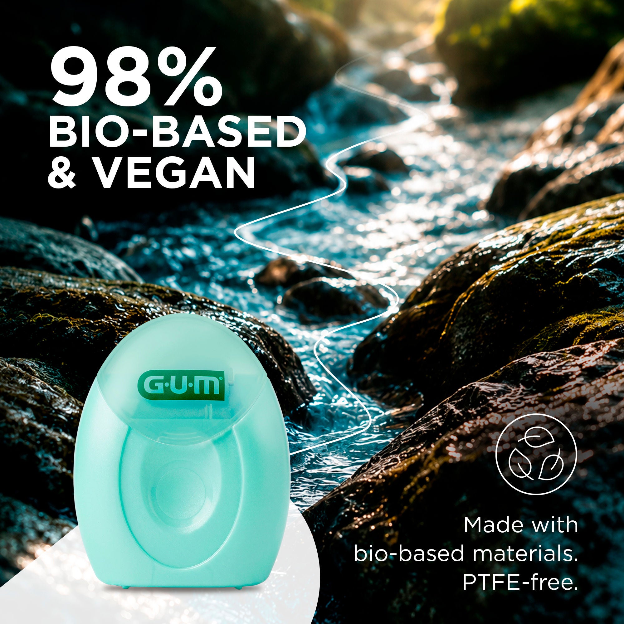 GUM SLIM FLOSS besteht zu 98 % aus biobasierten Inhaltsstoffen und ist vegan.