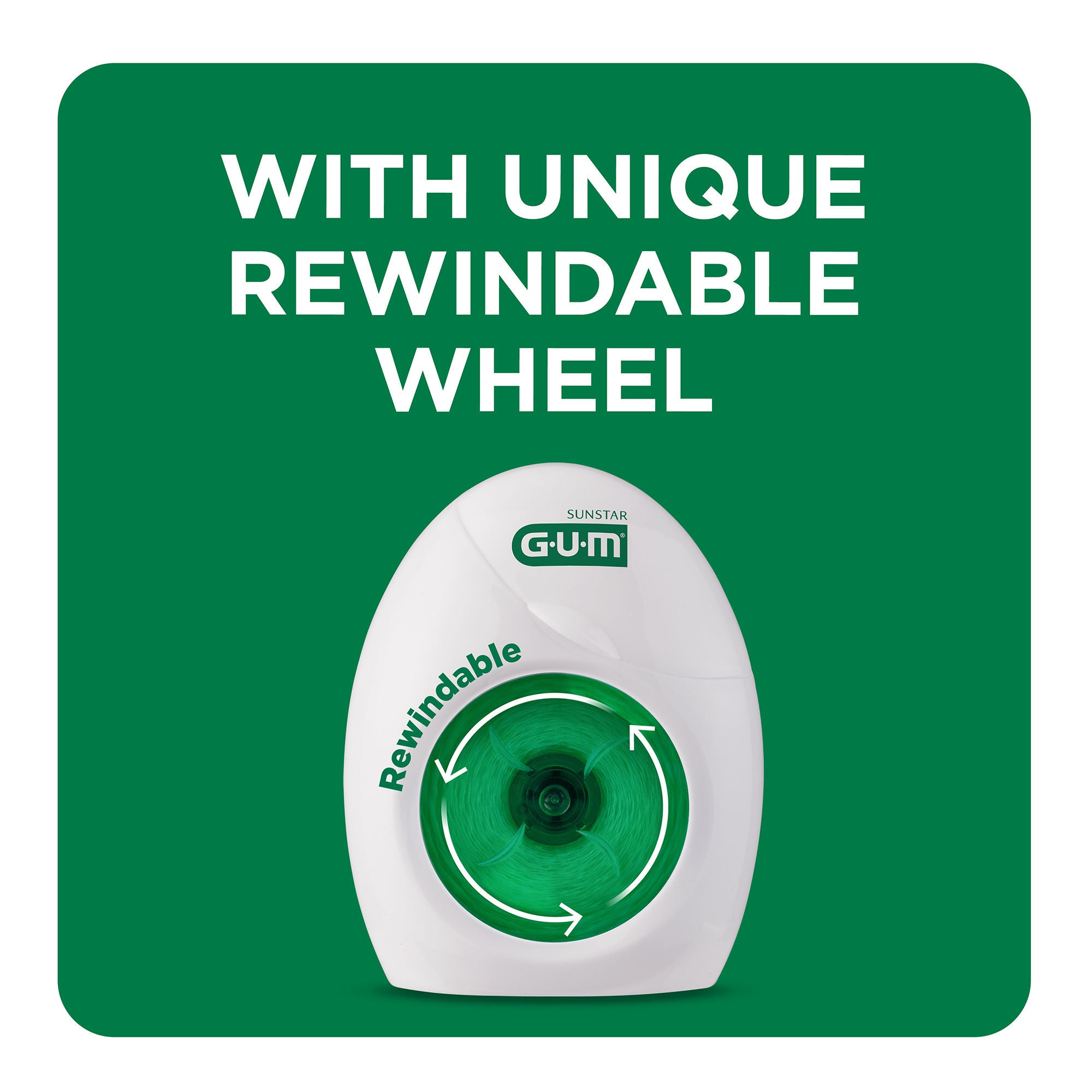 Unique rewindable wheel avoids wasted floss!