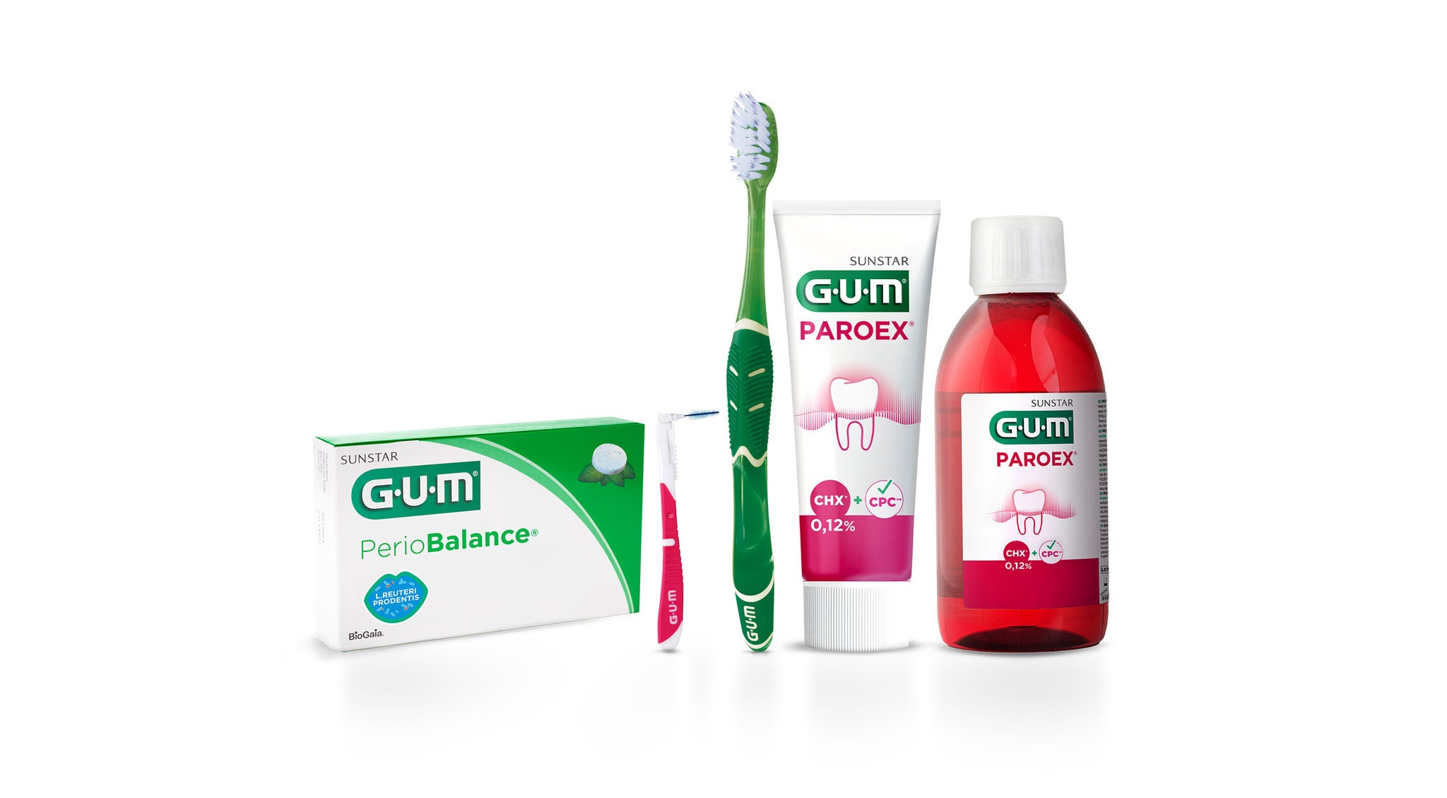 GUM BI-DIRECTION interdental brush, GUM PRO manual toothbrush, GUM PAROEX 0,12 Toothpaste, GUM PAROEX 0,12 Advanced mouthrinse, GUM PerioBalance tablet