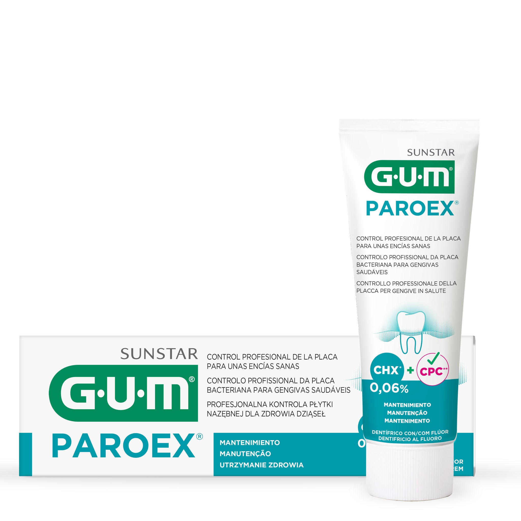 GUM Paroex toothpaste, 75 ml, 1 pack. Languages: Spanish, Polish. White tube with green text. Image resolution: 2000x2000 pixels.