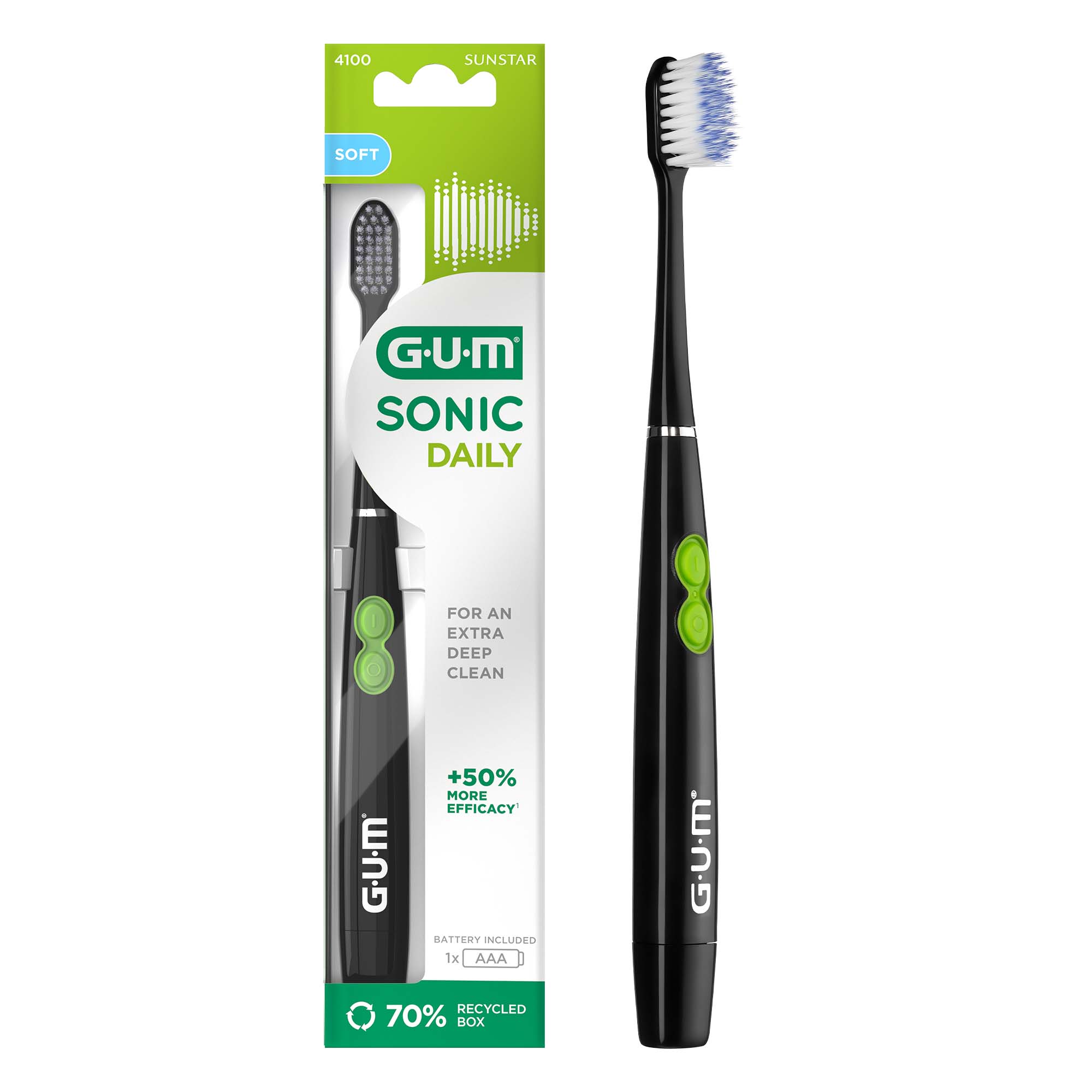 GUM Sonic Daily toothbrush, black, 1 count, packaging in English, 1 AAA battery included, 70% recycled box, 4100 resolution.