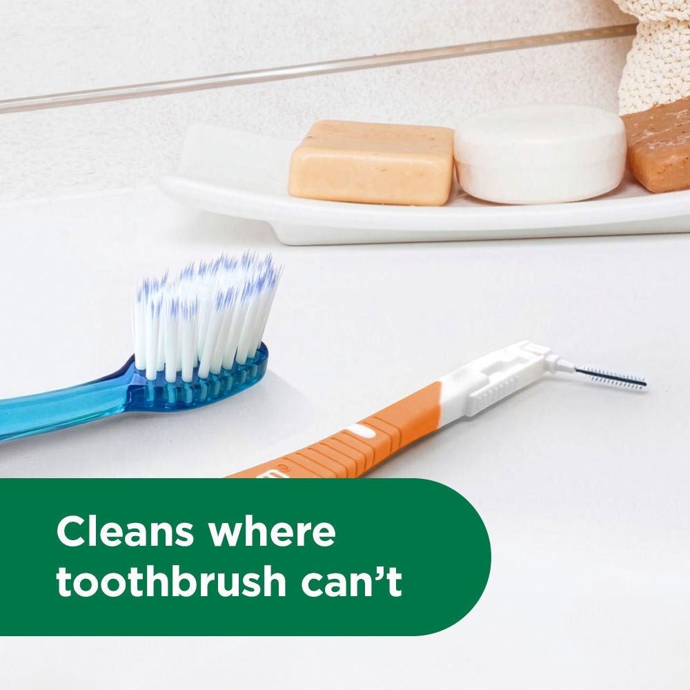 GUM BI-DIRECTION interdental brush with GUM PRO Toothbrush in the bathroom