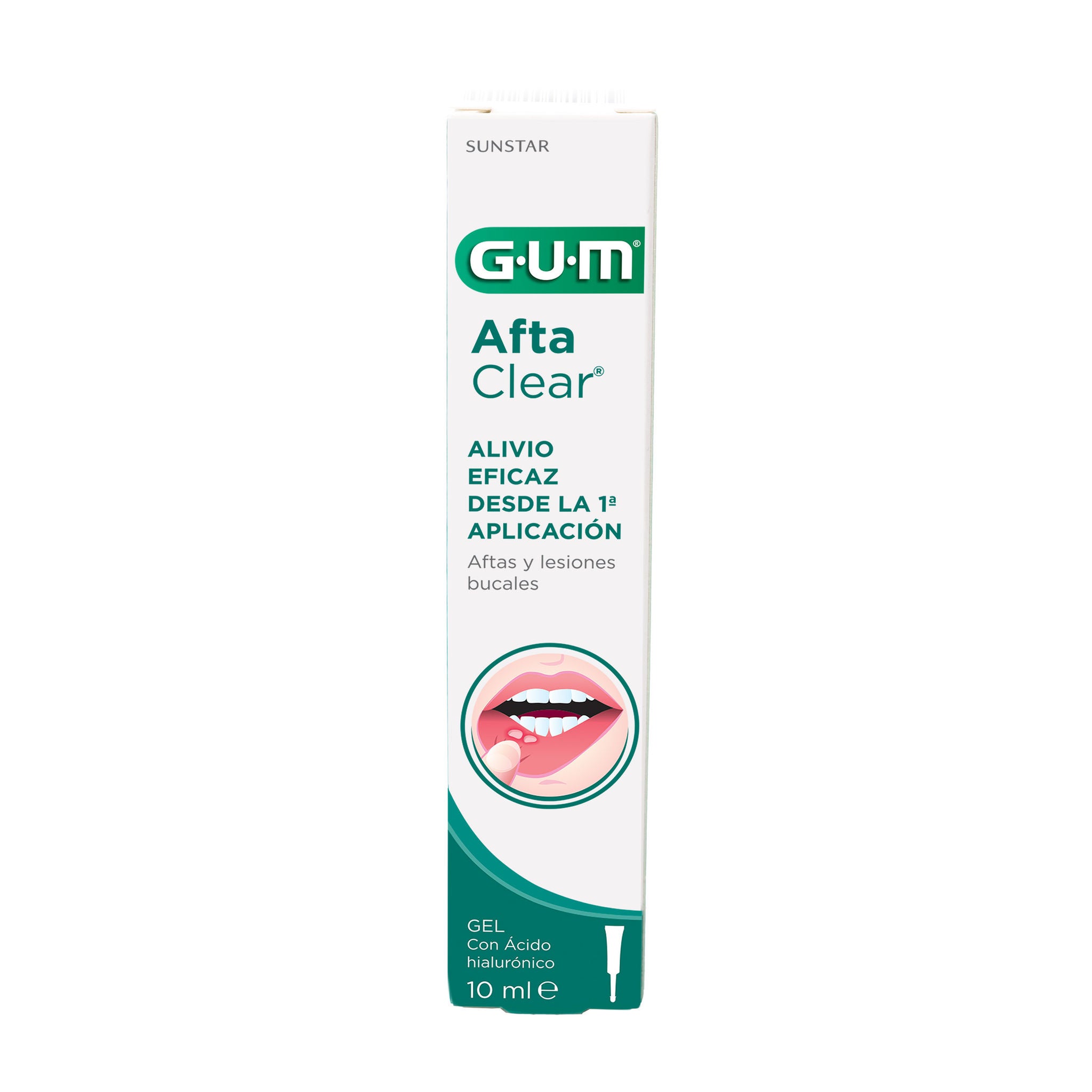 GUM Afta Clear gel, 10 ml, Spanish text, white box with green accents, image of mouth applying gel. Resolution: 2000x2000.
