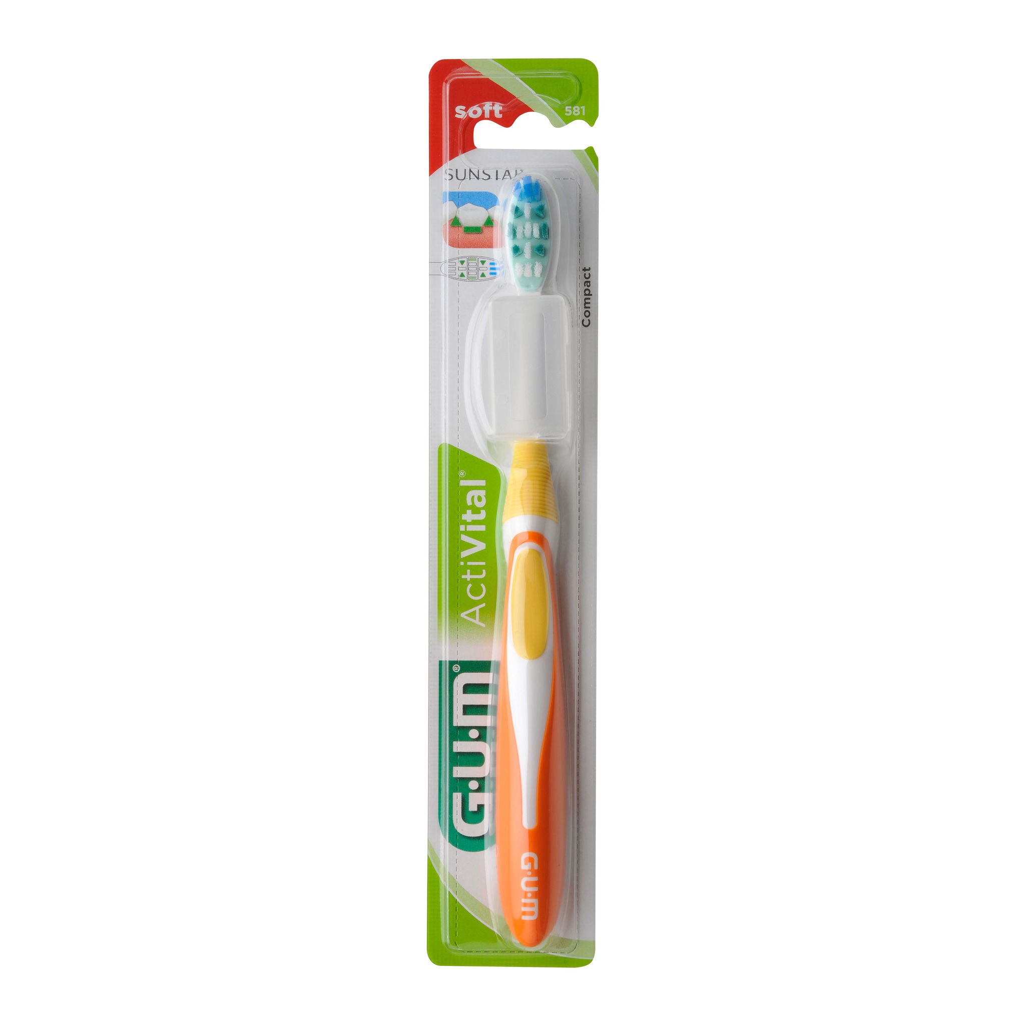 Toothbrush in clear packaging, labeled "GUM ActiVital" in English. Soft bristles, compact size, orange handle. Image resolution: 1000x1000.