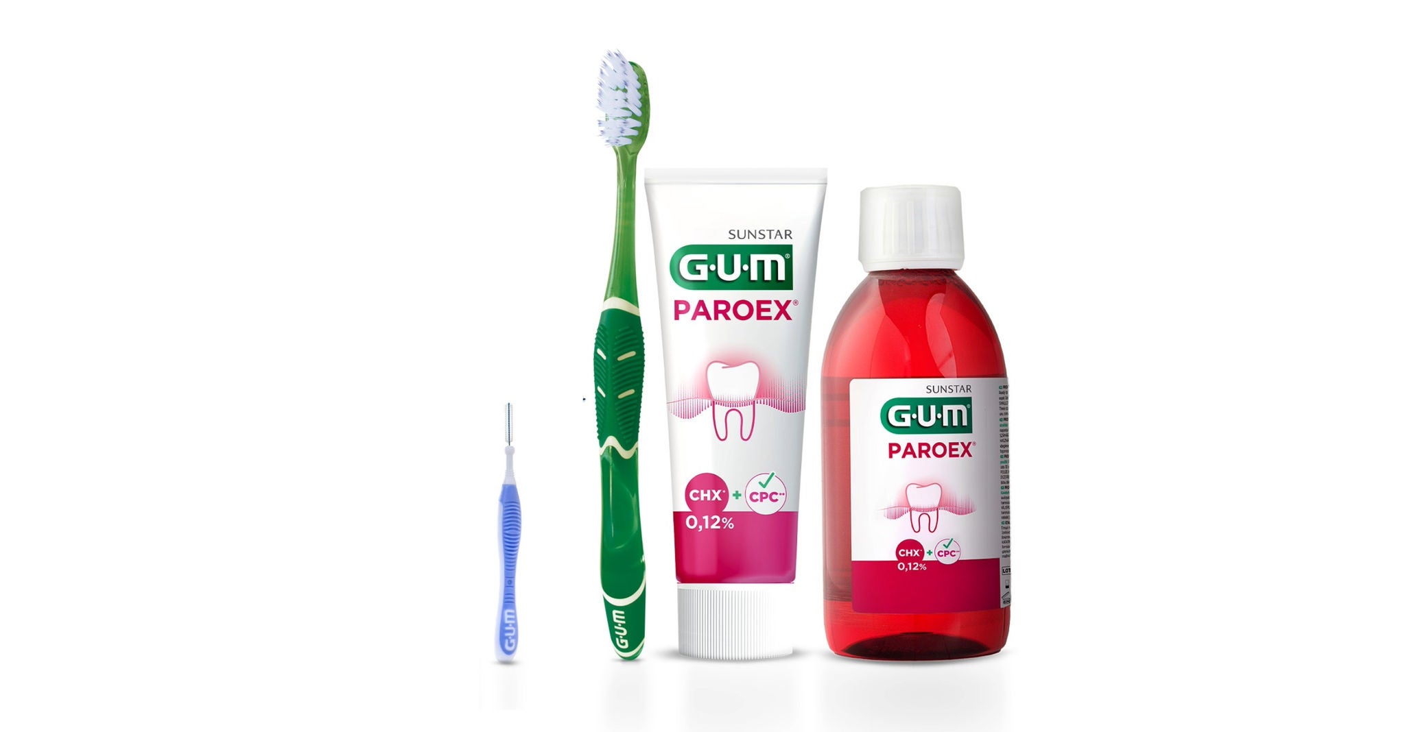 GUM BI-DIRECTION mellanrumsborste, GUM PRO manuell tandborste, GUM PAROEX 0,12 Tandkräm, GUM PAROEX 0,12 Avancerad munskölj, GUM PerioBalance tablett
