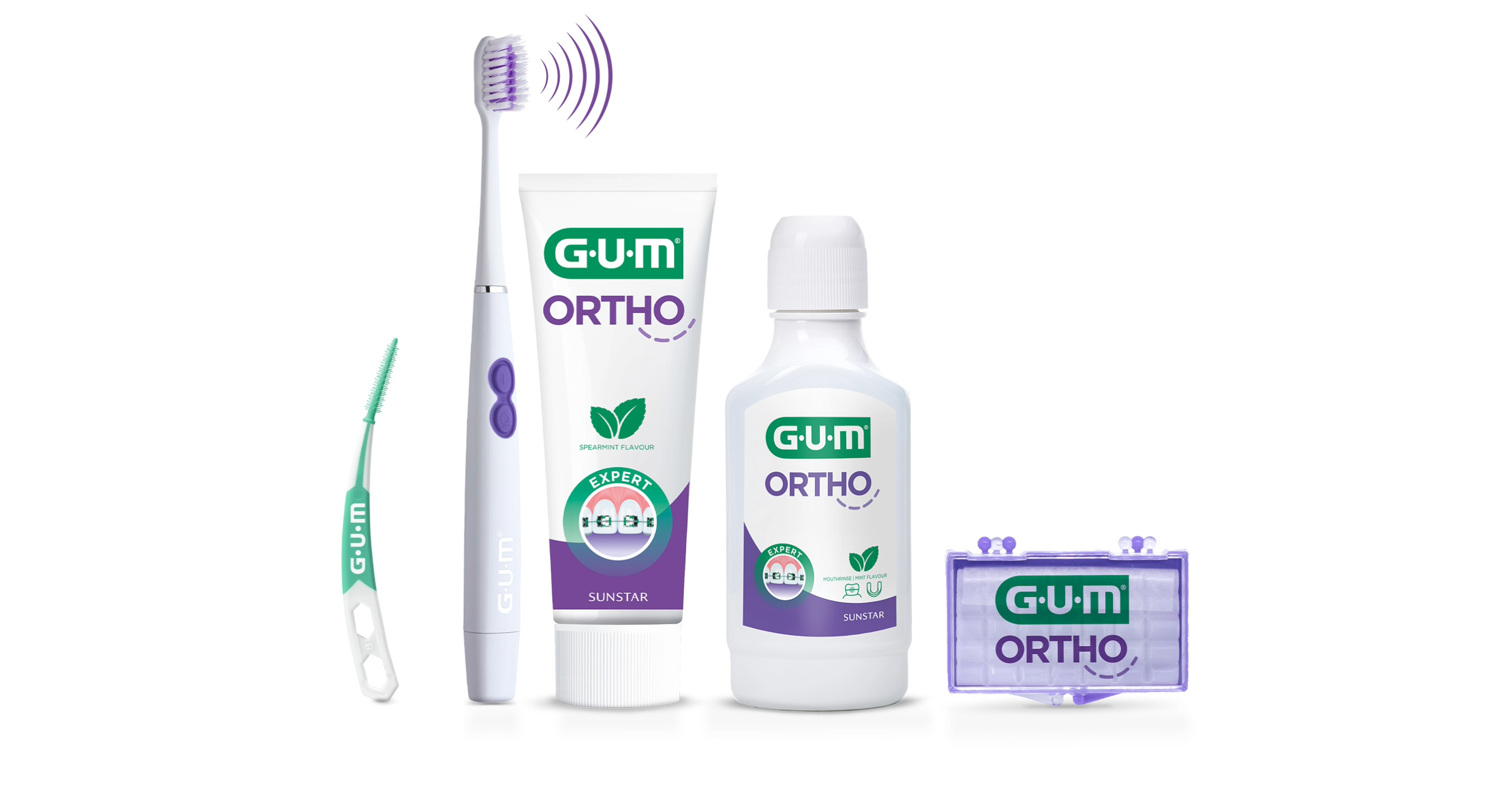 GUM ORTHO Tandtråd. GUM Trav-ler mellanrumsborste, GUM SOFT-PICKS PRO, GUM ORTHO tandborste och tandkräm, GUM ORTHO munvatten, GUM ORTHO WAX