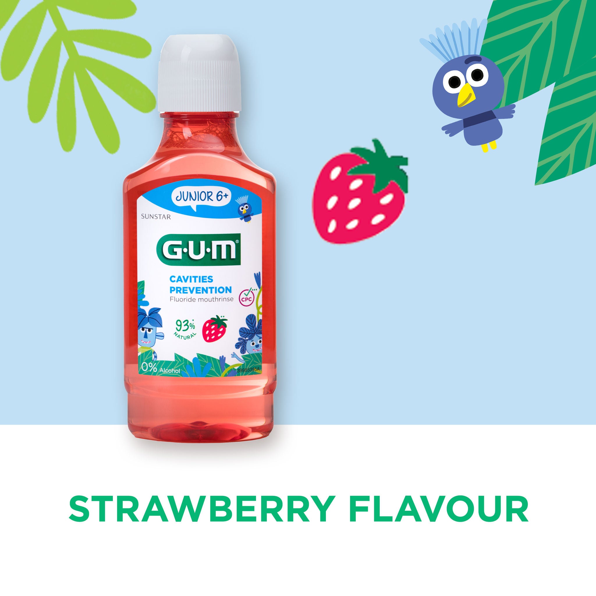 GUM JUNIOR 6+ mouthwash and a strawberry illustrated