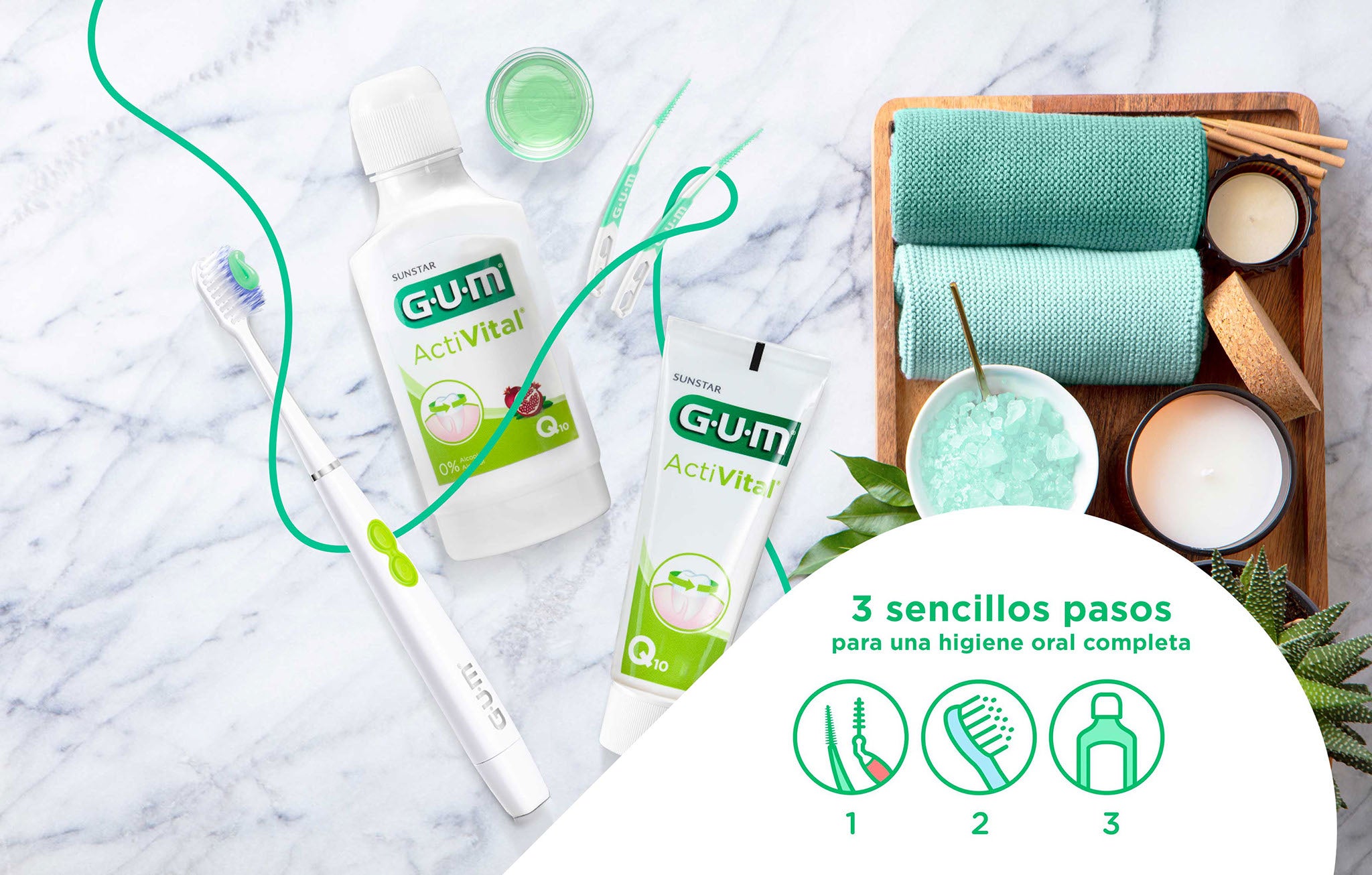 Gama de uso diario GUM con los 3 sencillos pasos para una rutina completa: higiene interdental, cepillado y enjuague
