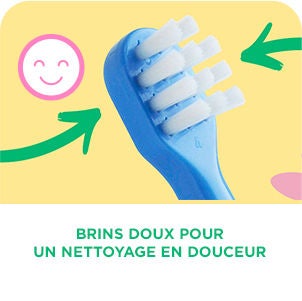 GUM BABY Brosse à dents avec des flèches pointant vers la tête et les poils de la brosse à dents