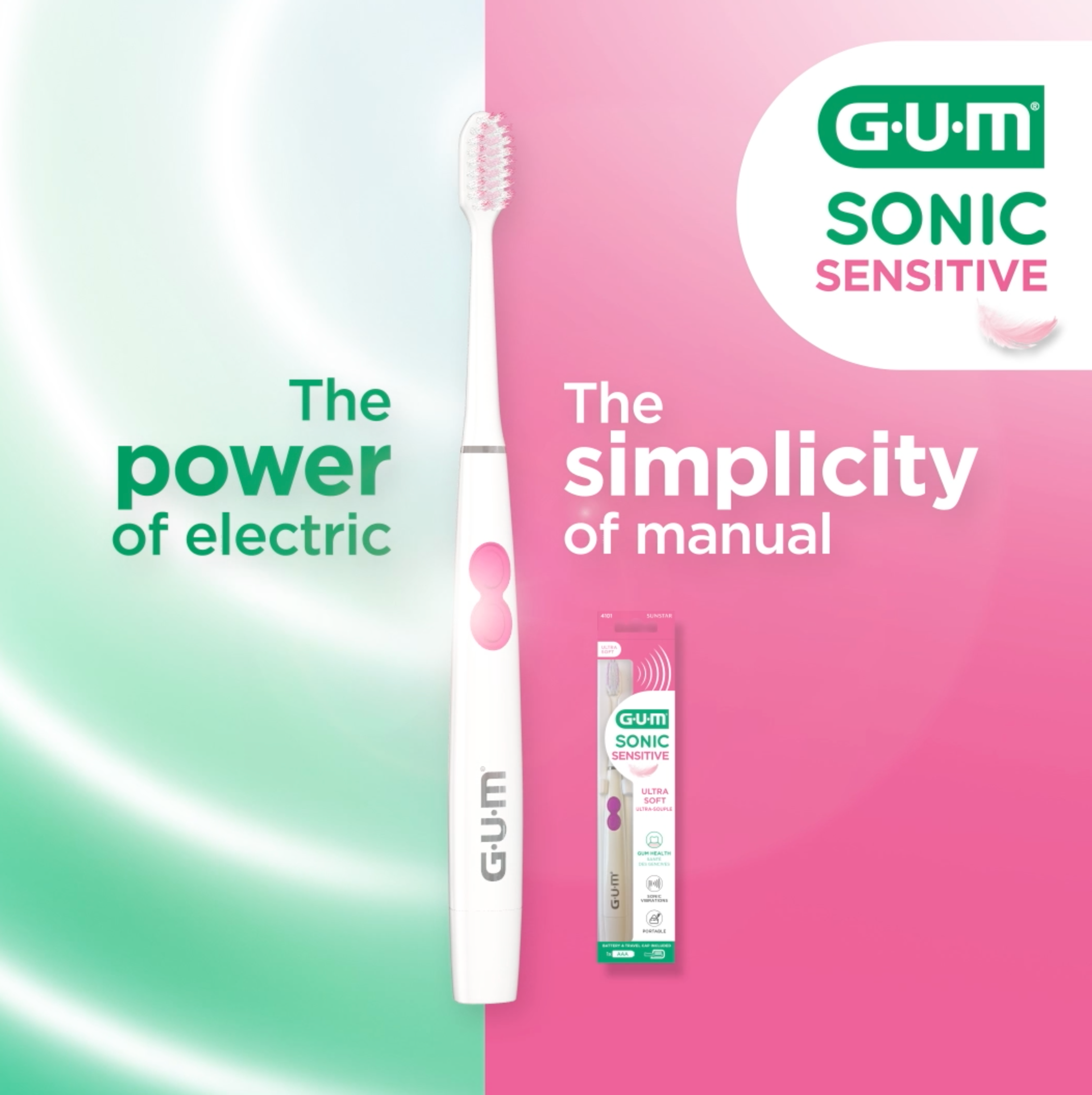 GUM SONIC SENSITIVE Battery Toothbrush and GUM SensiVital toohpaste along with some accessories such as flowers, sunglasses and a summer hat