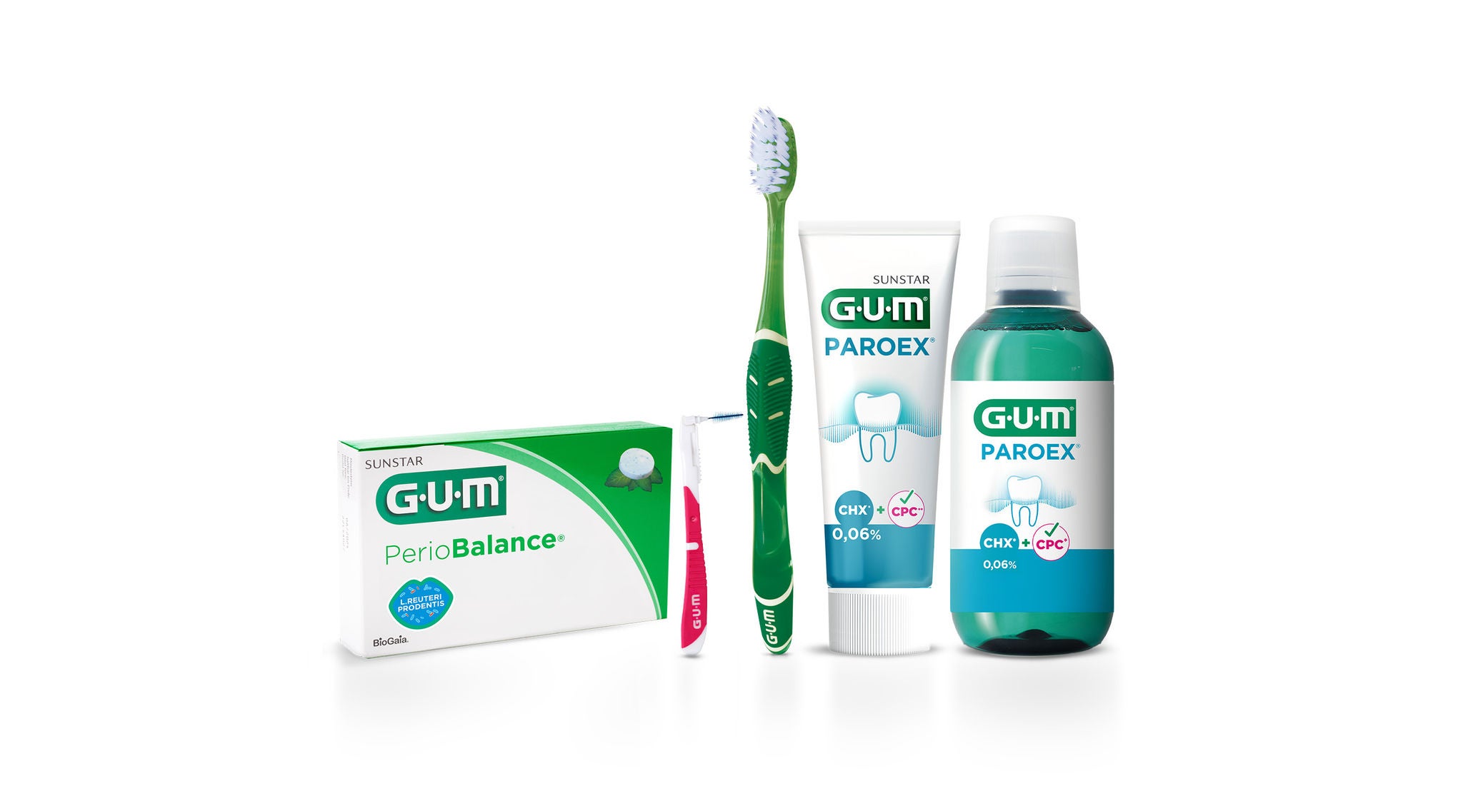 Scovolino interdentale GUM TRAV-LER, Spazzolino manuale GUM PRO, Dentifricio GUM PAROEX 0,06, Collutorio di mantenimento GUM PAROEX 0,06,