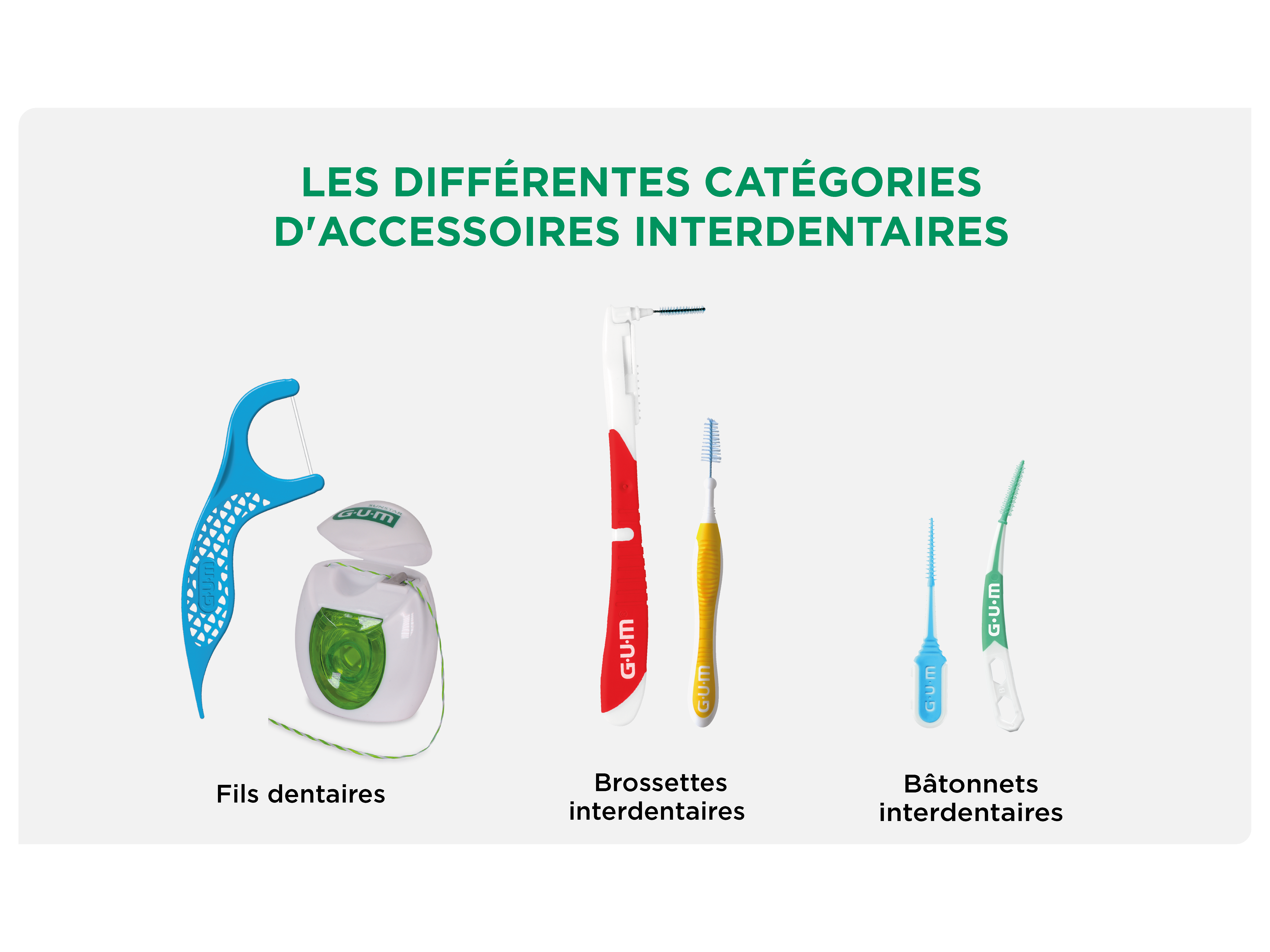 Présentation des trois catégories d'accessoires interdentaires : fil dentaire, brossettes et bâtonnets