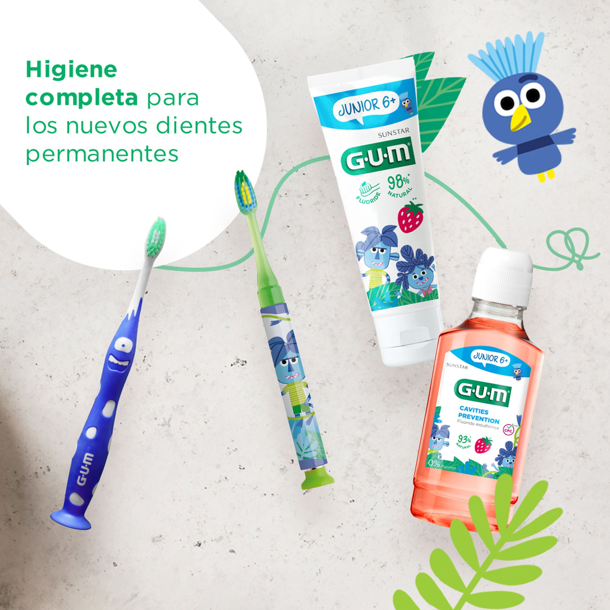 GUM JUNIOR Pasta de dientes, GUM JUNIOR Cepillo de dientes e iluminado, enjuague bucal GUM JUNIOR y un compañero de la jungla