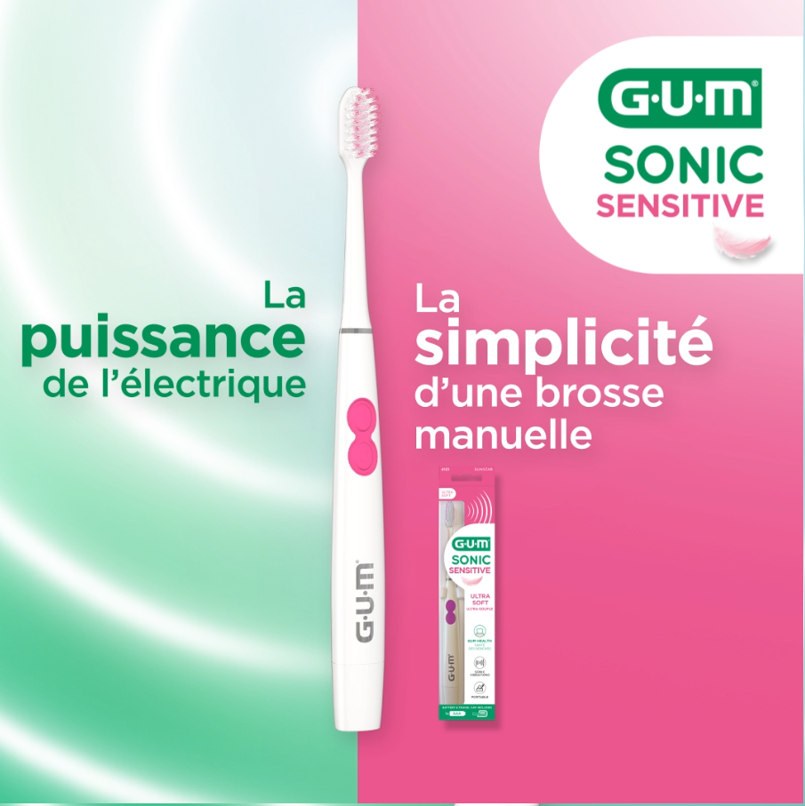 GUM SONIC SENSITIVE Battery Toothbrush and GUM SensiVital toohpaste along with some accessories such as flowers, sunglasses and a summer hat