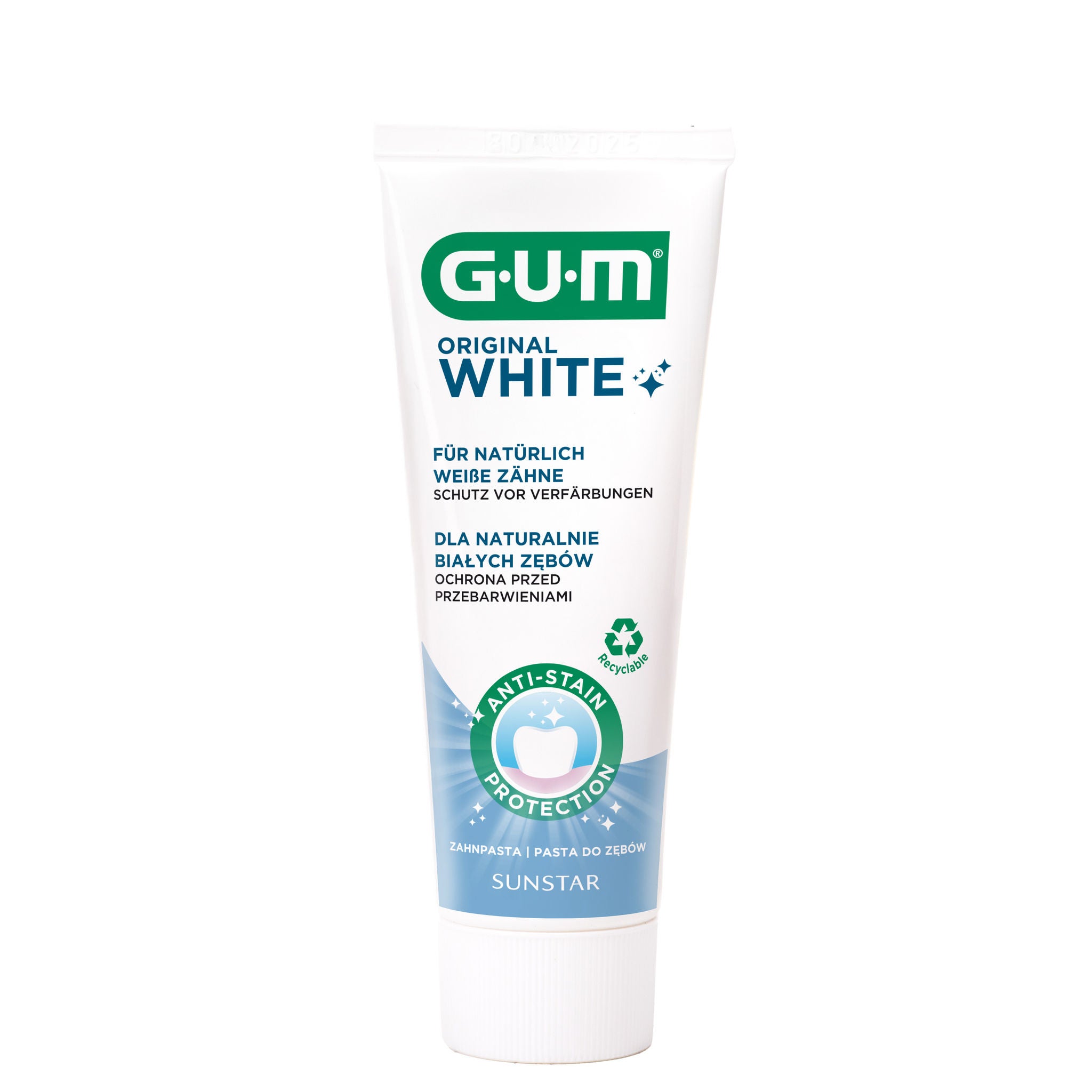 Toothpaste tube, GUM Original White, 75ml, text in German and Polish, white with green logo, anti-stain protection. Image resolution: 1500x1500.