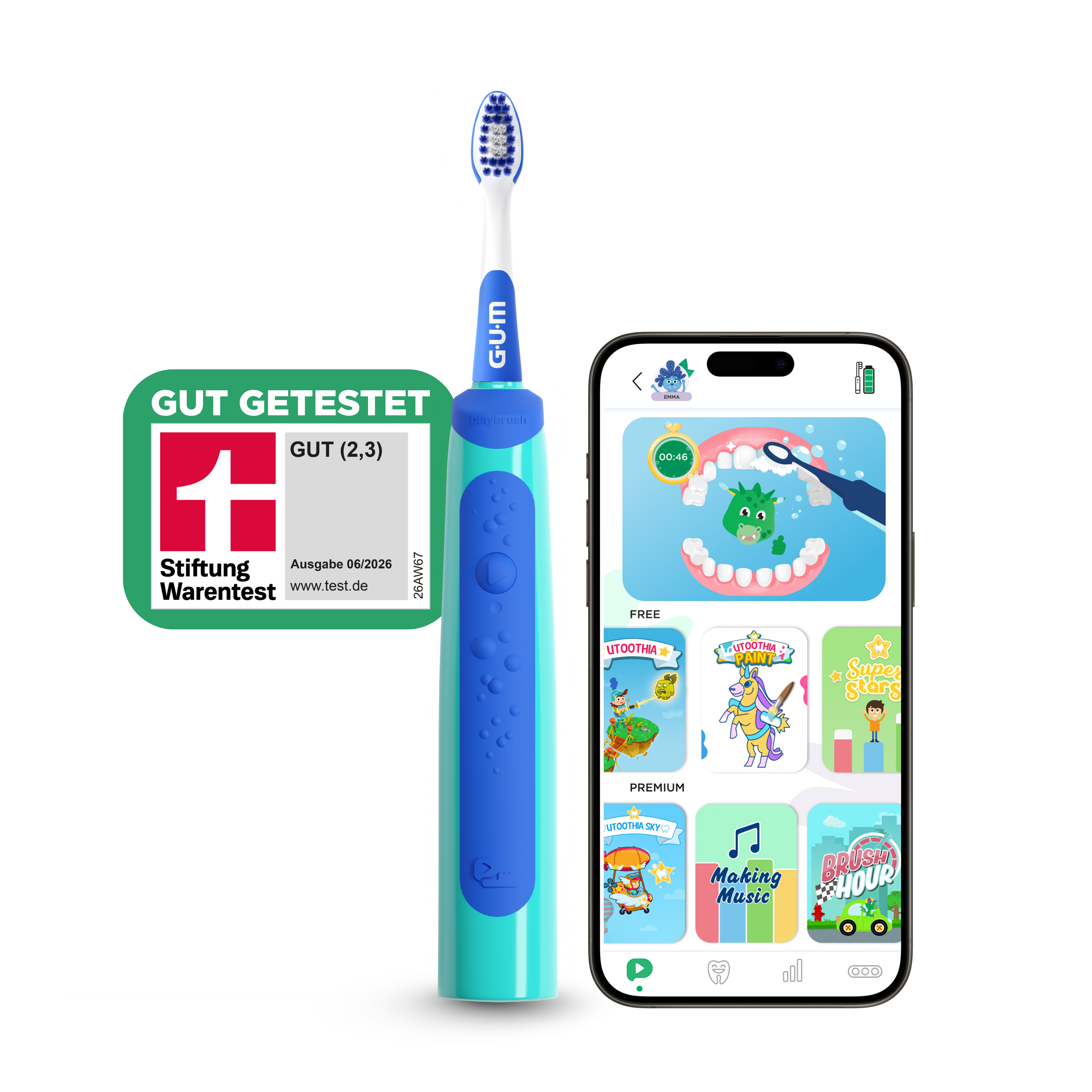 PDP carousel imagery (hero PDP) - GUMPLAYBRUSH-junior6-blue-subscription-games-DE-Stiftung-Warentest