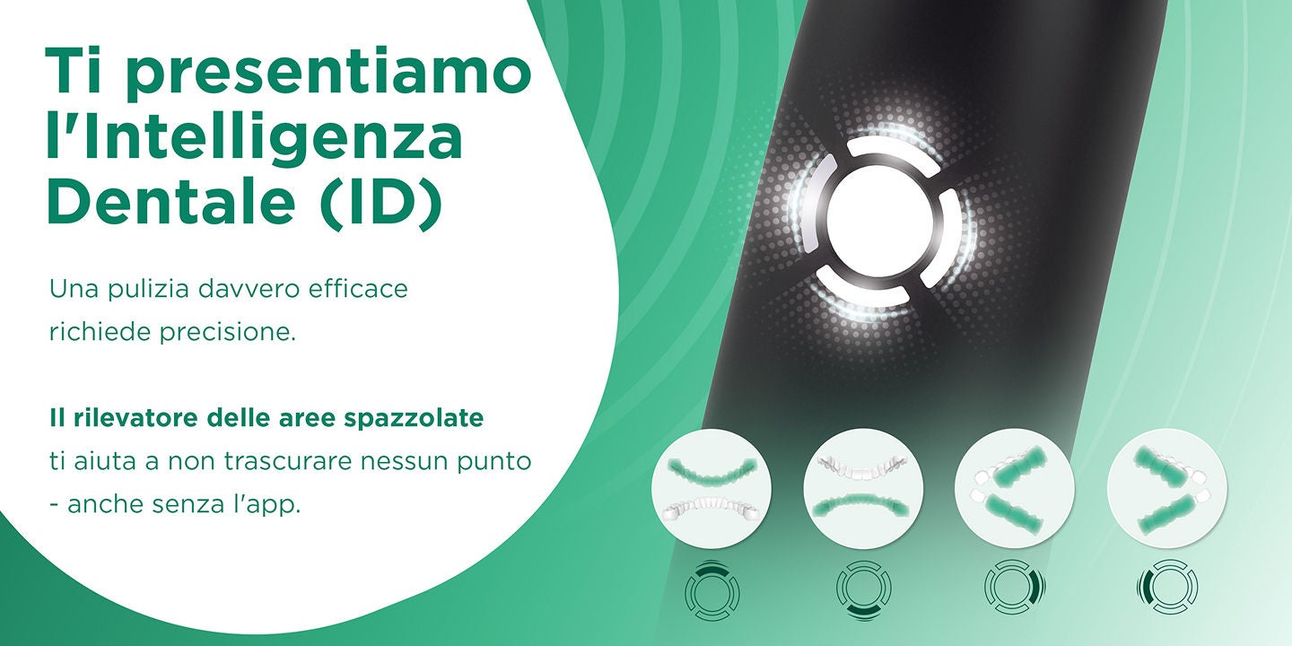 Ti presentiamo l'Intelligenza Dentale (ID) Una pulizia davvero efficace richiede precisione. Il rilevatore delle aree spazzolate ti aiuta a non trascurare nessun punto – anche senza l'app.
