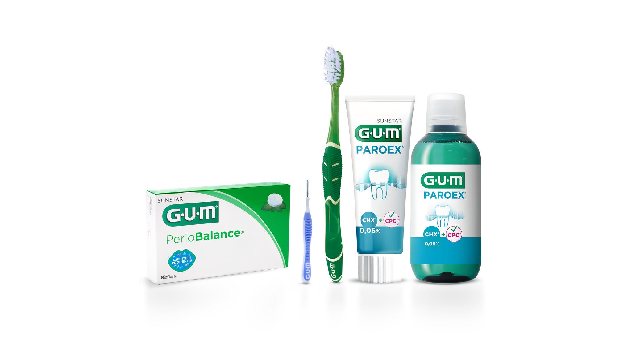 GUM TRAV-LER interdental brush, GUM PRO manual toothbrush, GUM PAROEX 0,06 Toothpaste, GUM PAROEX 0,06 Maintenance mouthrinse