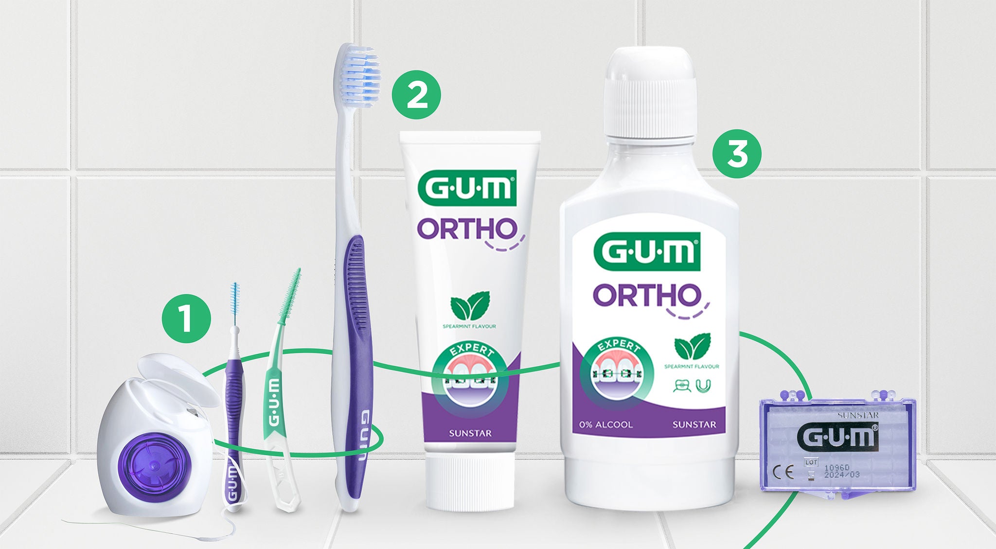 GUM ORTHO Zahnseide. GUM Trav-ler Interdentalbürste, GUM SOFT-PICKS PRO, GUM ORTHO Zahnbürste und Zahnpasta, GUM ORTHO Mundwasser, GUM ORTHO WAX