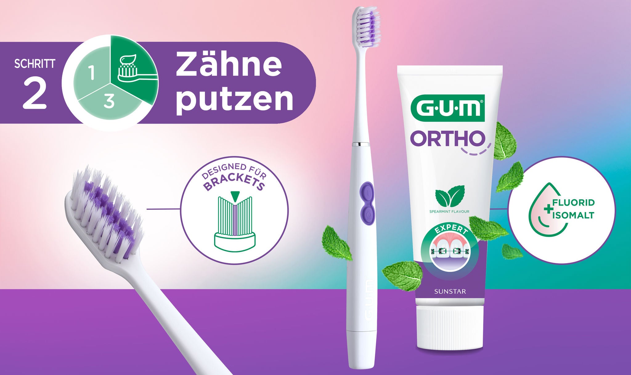 GUM® ORTHO Zahnbürste und GUM ORTHO Zahnpasta mit einem Symbol, das die 3 Schritte zeigt 