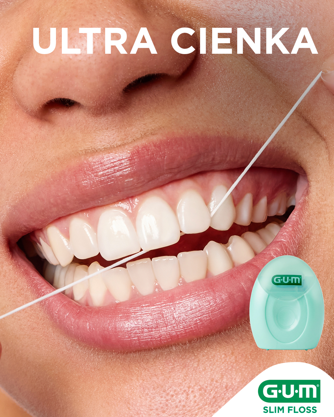 Dziewczyna używająca nici dentystycznej GUM SLIM FLOSS