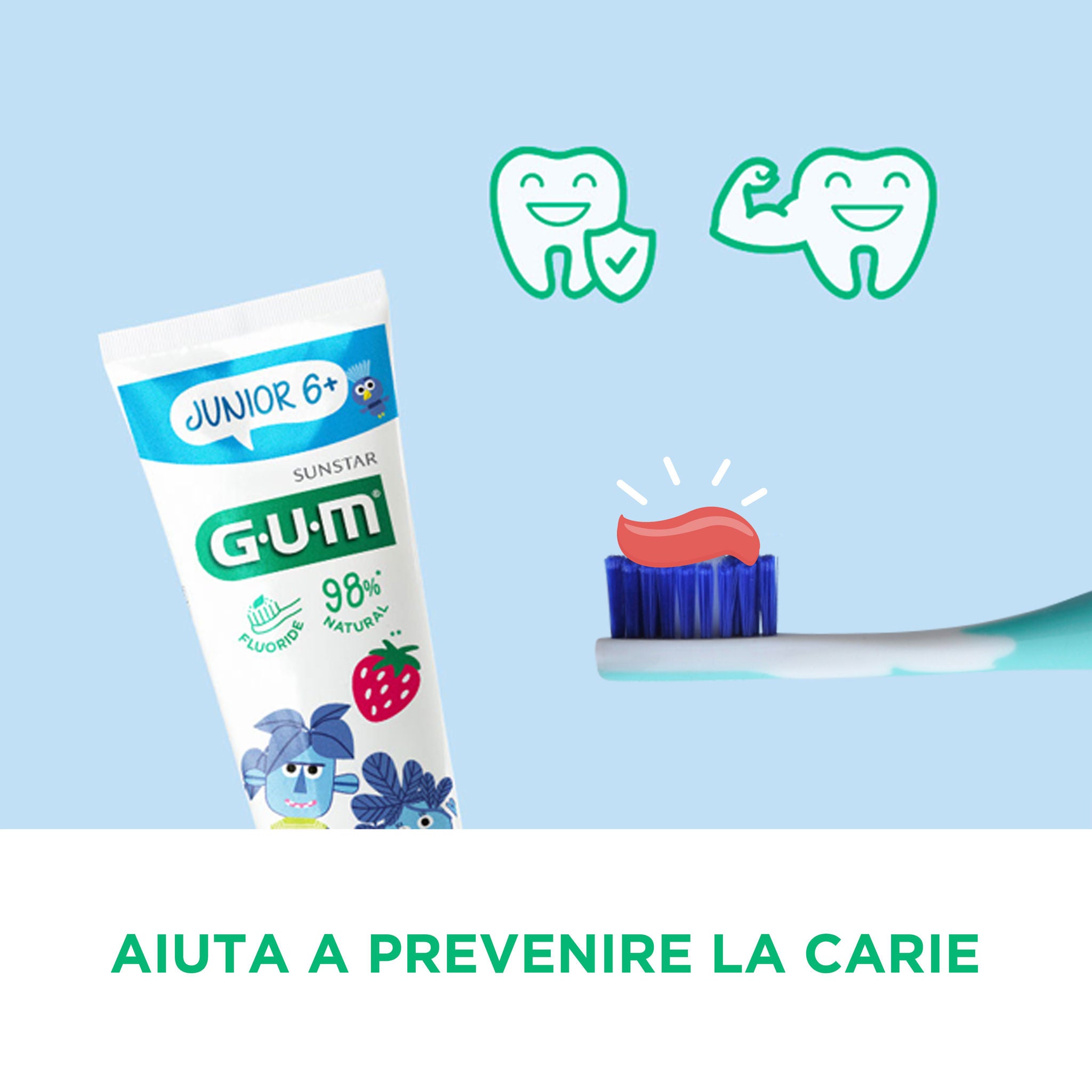 GUM JUNIOR Dentifricio, GUM JUNIOR Spazzolino da denti e Light-up, GUM JUNIOR collutorio e un amico della giungla