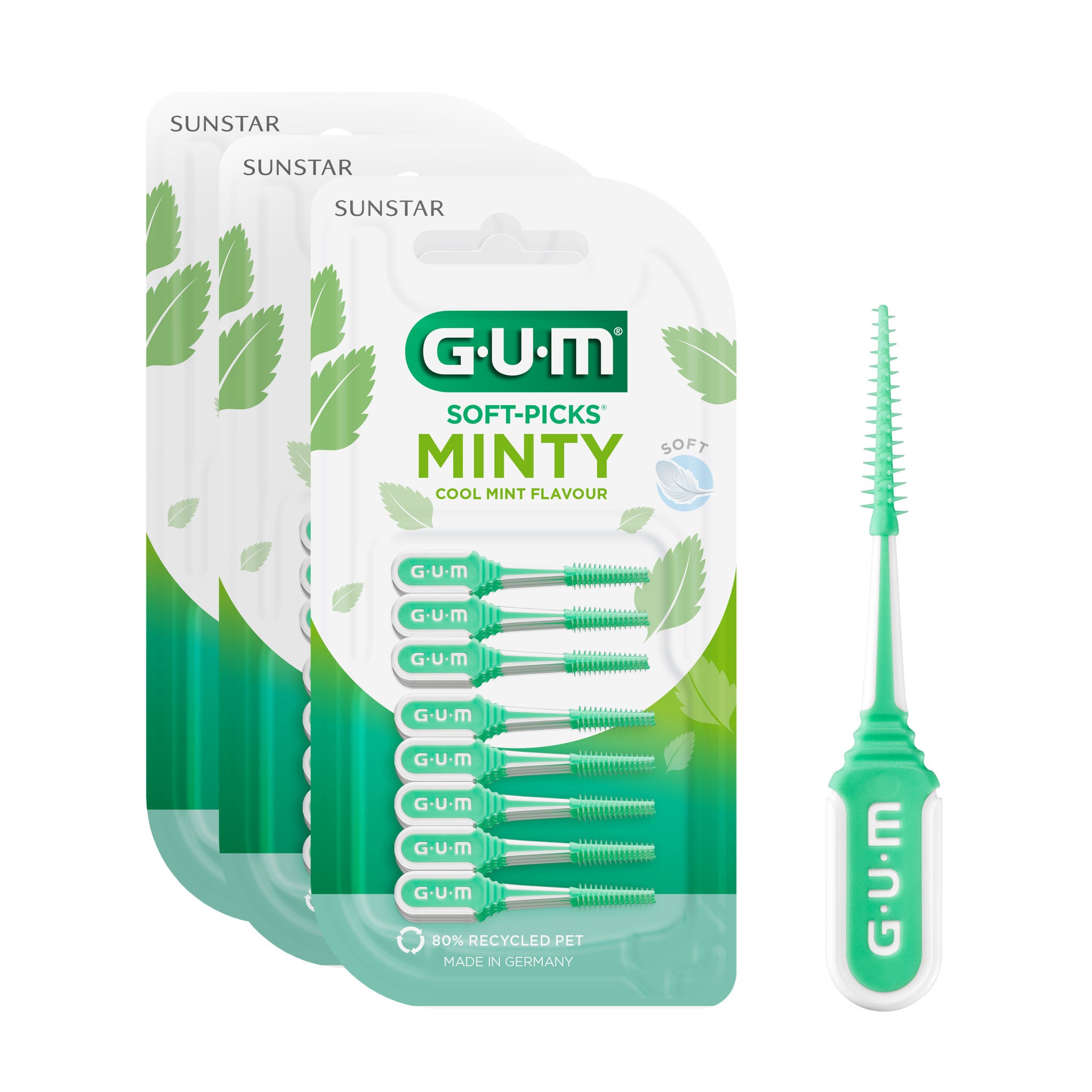 Tandstickan GUM SOFT-PICKS MINTY av gummi i tre olika storlekar för att göra rent mellan tänderna