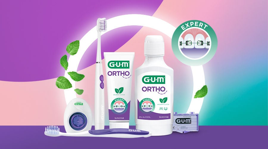 GUM® ORTHO Serie mit ORTHO Zahnseide, GUM® TRAV-LER Interdentalbürsten, ORTHO Zahnpasta, ORTHO Mundwasser, ORTHO Wax