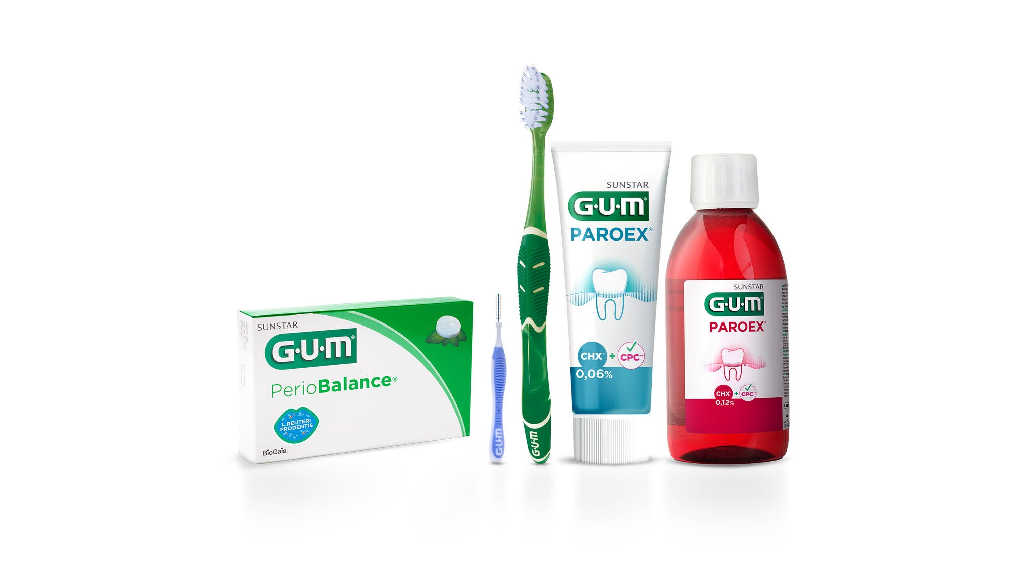 Scovolino interdentale GUM BI-DIRECTION, Spazzolino manuale GUM PRO, Dentifricio GUM PAROEX 0,12, Collutorio avanzato GUM PAROEX 0,12, Compresse GUM PerioBalance